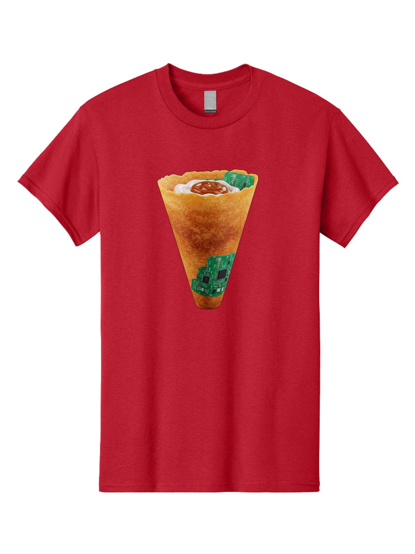 Crepe-Cone-With-Circuit-Board Men'S Graphic Tee, 100% Cotton, Comfortable Casual Summer Wear, Machine Washable, Crepe Cone, Circuit Board Design, Tech-Inspired Dessert, Sweet And Savory Mix, Innovative Food, Futuristic Cuisine, Dessert Art, Baa414