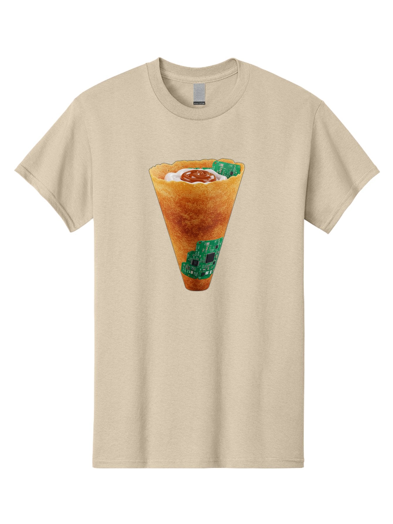 Crepe-Cone-With-Circuit-Board Men'S Graphic Tee, 100% Cotton, Comfortable Casual Summer Wear, Machine Washable, Crepe Cone, Circuit Board Design, Tech-Inspired Dessert, Sweet And Savory Mix, Innovative Food, Futuristic Cuisine, Dessert Art, Baa414
