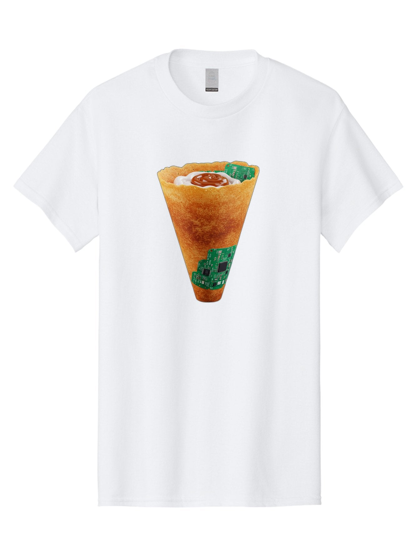 Crepe-Cone-With-Circuit-Board Men'S Graphic Tee, 100% Cotton, Comfortable Casual Summer Wear, Machine Washable, Crepe Cone, Circuit Board Design, Tech-Inspired Dessert, Sweet And Savory Mix, Innovative Food, Futuristic Cuisine, Dessert Art, Baa414 13