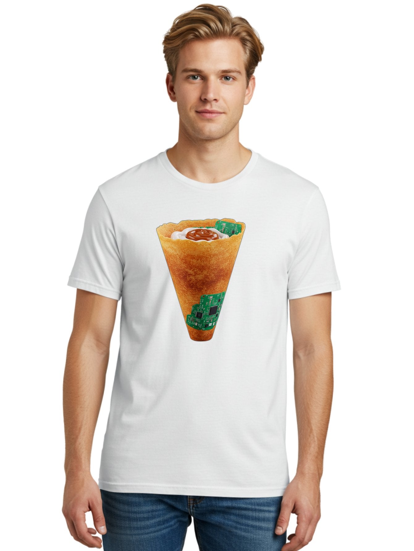 Crepe-Cone-With-Circuit-Board Men'S Graphic Tee, 100% Cotton, Comfortable Casual Summer Wear, Machine Washable, Crepe Cone, Circuit Board Design, Tech-Inspired Dessert, Sweet And Savory Mix, Innovative Food, Futuristic Cuisine, Dessert Art, Baa414 20