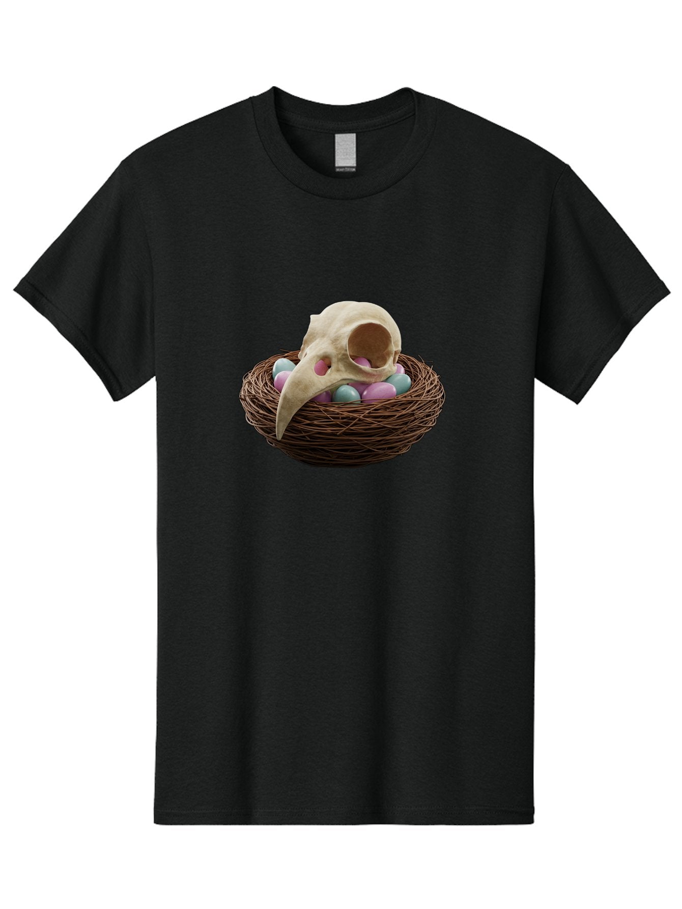 Crow-Skull-In-Nest Men'S Graphic Tee, 100% Cotton, Comfortable Casual Summer Wear, Machine Washable, Bird Skull In Nest, Pastel Eggs, Nest With Eggs, Bird Nest, Unusual Art, Surrealism, Quirky Decor, Unique Design, Bird Skull Art, Baa419 5