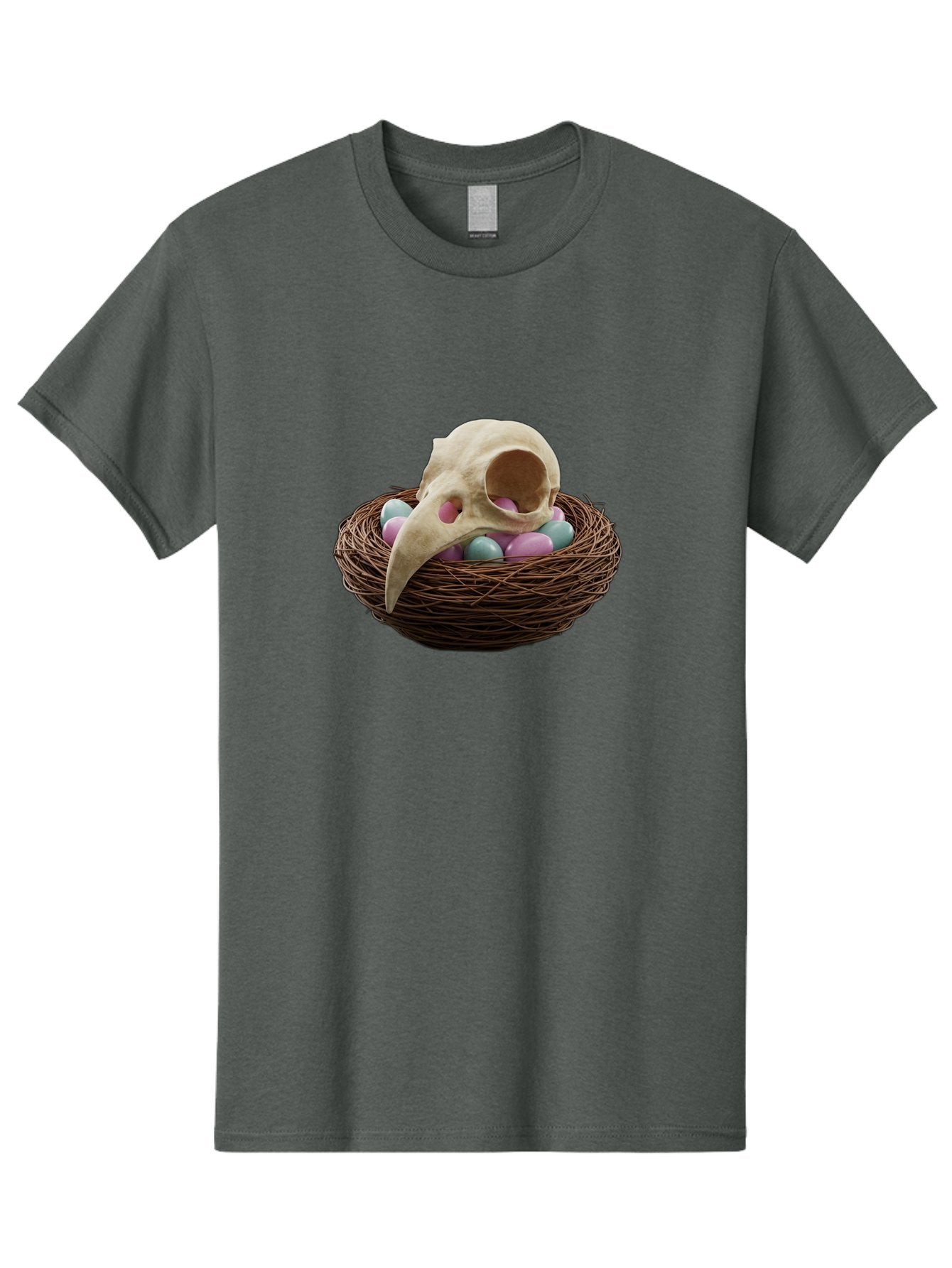Crow-Skull-In-Nest Men'S Graphic Tee, 100% Cotton, Comfortable Casual Summer Wear, Machine Washable, Bird Skull In Nest, Pastel Eggs, Nest With Eggs, Bird Nest, Unusual Art, Surrealism, Quirky Decor, Unique Design, Bird Skull Art, Baa419 7