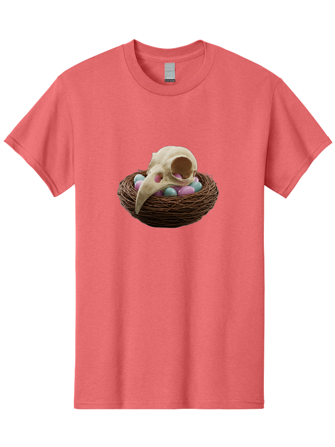 Crow-Skull-In-Nest Men'S Graphic Tee, 100% Cotton, Comfortable Casual Summer Wear, Machine Washable, Bird Skull In Nest, Pastel Eggs, Nest With Eggs, Bird Nest, Unusual Art, Surrealism, Quirky Decor, Unique Design, Bird Skull Art, Baa419 29