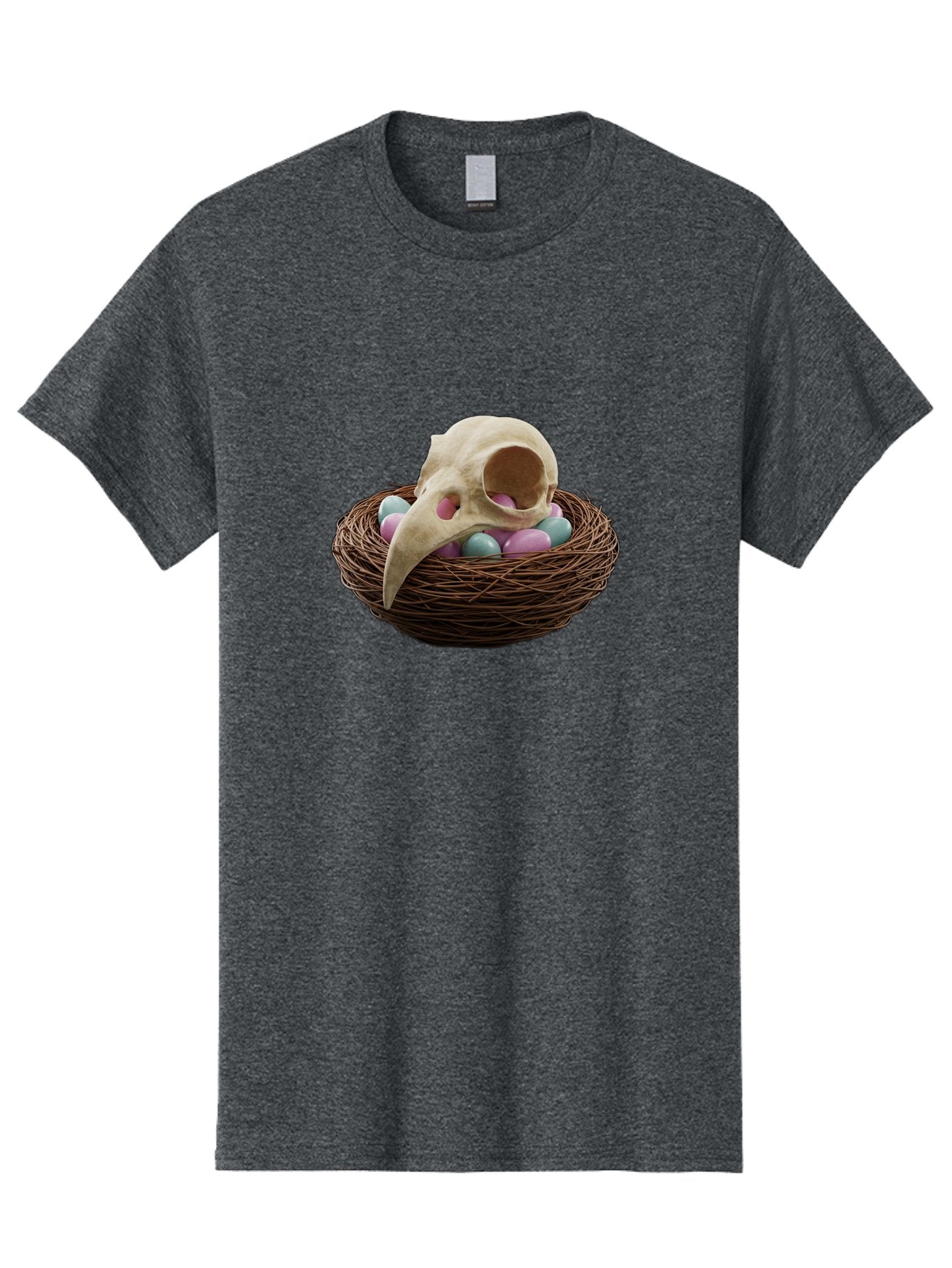 Crow-Skull-In-Nest Men'S Graphic Tee, 100% Cotton, Comfortable Casual Summer Wear, Machine Washable, Bird Skull In Nest, Pastel Eggs, Nest With Eggs, Bird Nest, Unusual Art, Surrealism, Quirky Decor, Unique Design, Bird Skull Art, Baa419 15