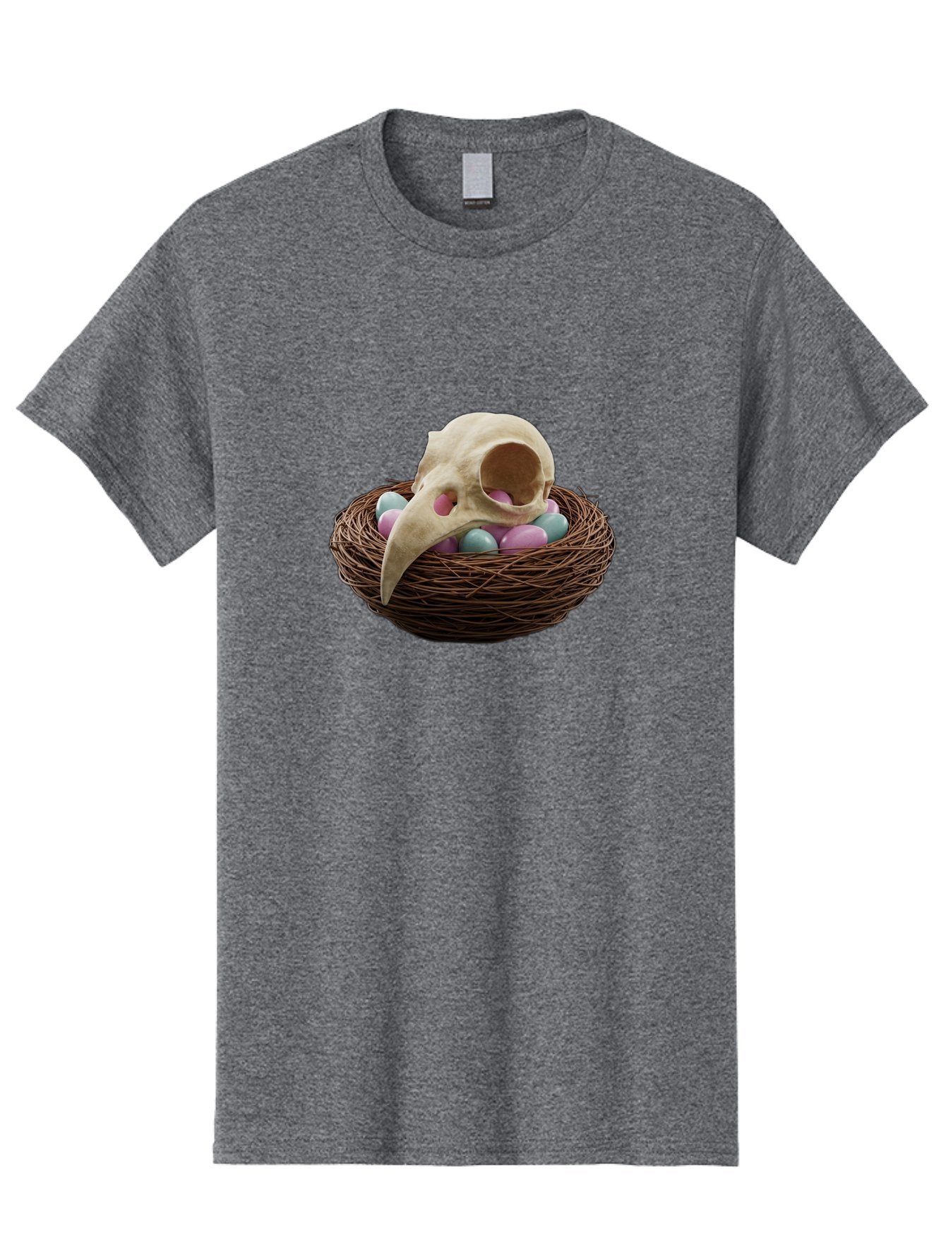 Crow-Skull-In-Nest Men'S Graphic Tee, 100% Cotton, Comfortable Casual Summer Wear, Machine Washable, Bird Skull In Nest, Pastel Eggs, Nest With Eggs, Bird Nest, Unusual Art, Surrealism, Quirky Decor, Unique Design, Bird Skull Art, Baa419 10