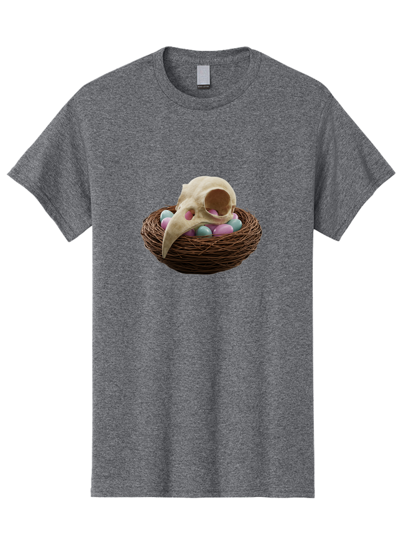 Crow-Skull-In-Nest Men'S Graphic Tee, 100% Cotton, Comfortable Casual Summer Wear, Machine Washable, Bird Skull In Nest, Pastel Eggs, Nest With Eggs, Bird Nest, Unusual Art, Surrealism, Quirky Decor, Unique Design, Bird Skull Art, Baa419 27