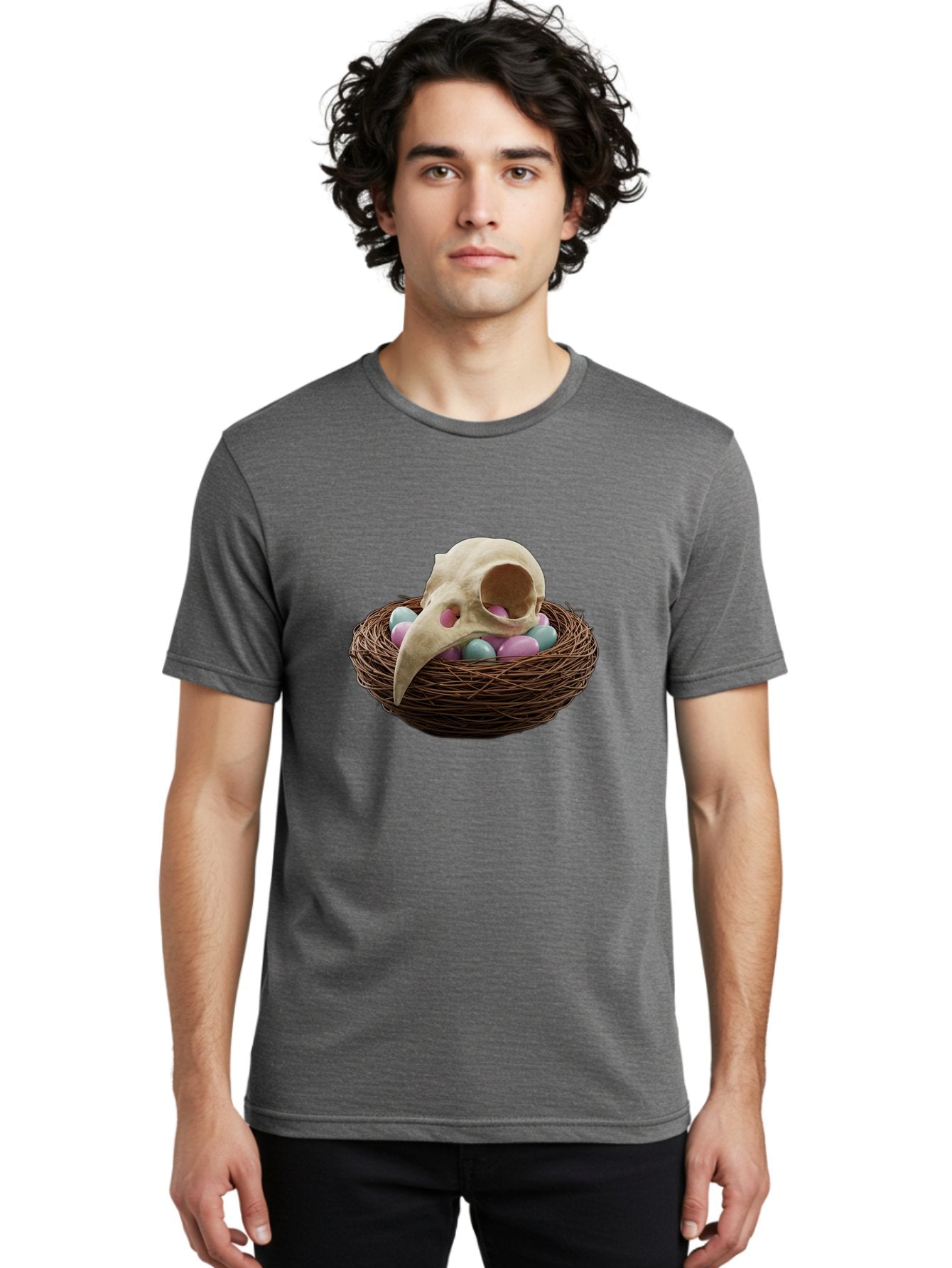 Crow-Skull-In-Nest Men'S Graphic Tee, 100% Cotton, Comfortable Casual Summer Wear, Machine Washable, Bird Skull In Nest, Pastel Eggs, Nest With Eggs, Bird Nest, Unusual Art, Surrealism, Quirky Decor, Unique Design, Bird Skull Art, Baa419 17