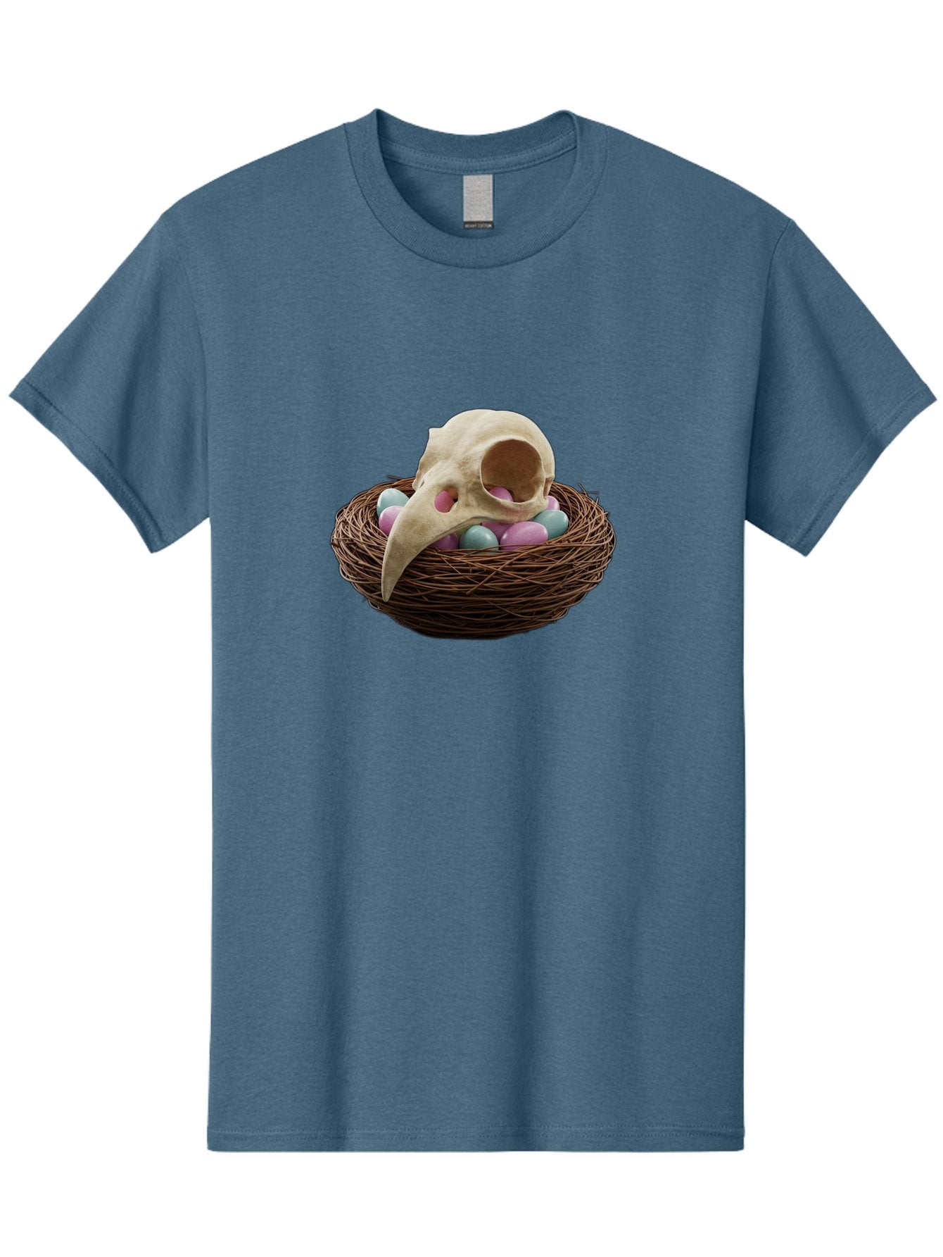 Crow-Skull-In-Nest Men'S Graphic Tee, 100% Cotton, Comfortable Casual Summer Wear, Machine Washable, Bird Skull In Nest, Pastel Eggs, Nest With Eggs, Bird Nest, Unusual Art, Surrealism, Quirky Decor, Unique Design, Bird Skull Art, Baa419 3
