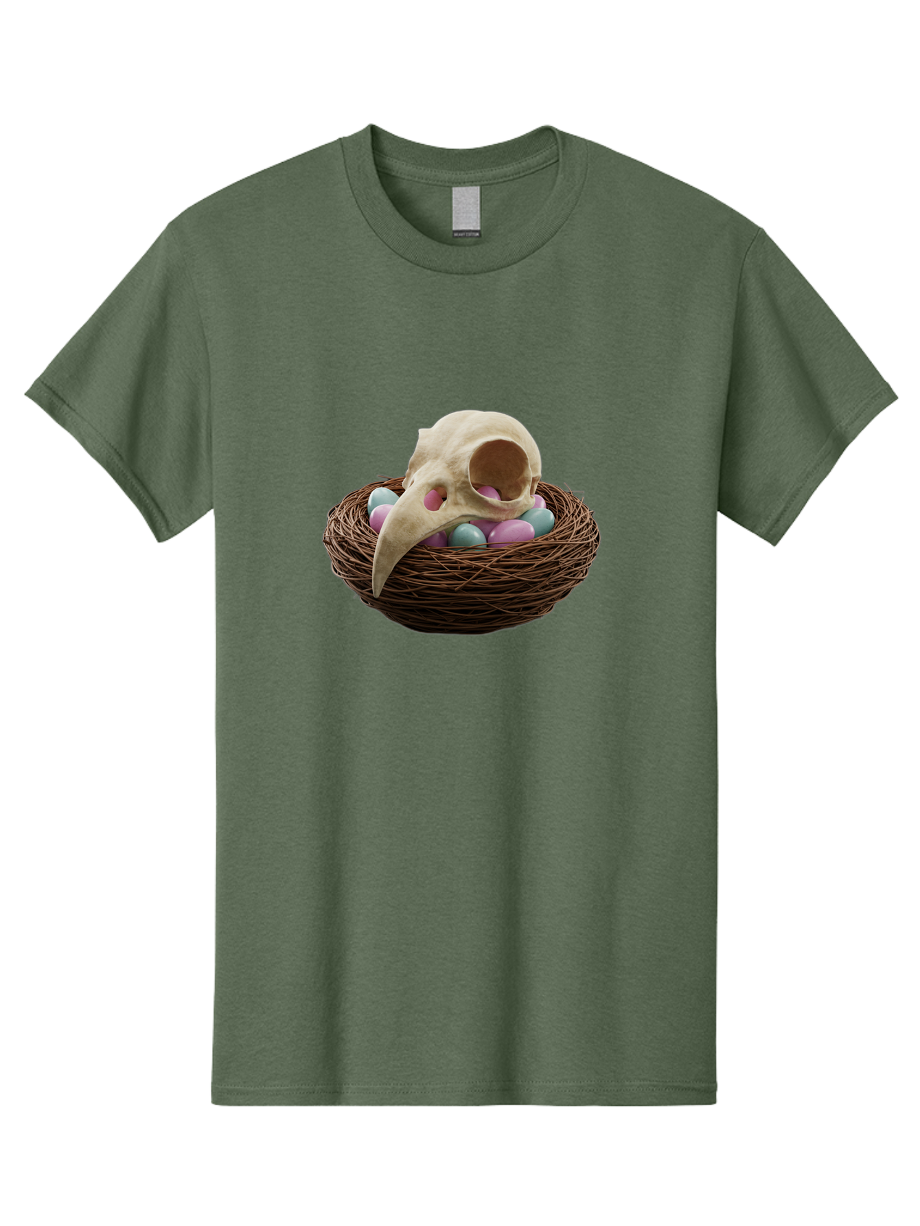 Crow-Skull-In-Nest Men'S Graphic Tee, 100% Cotton, Comfortable Casual Summer Wear, Machine Washable, Bird Skull In Nest, Pastel Eggs, Nest With Eggs, Bird Nest, Unusual Art, Surrealism, Quirky Decor, Unique Design, Bird Skull Art, Baa419 5