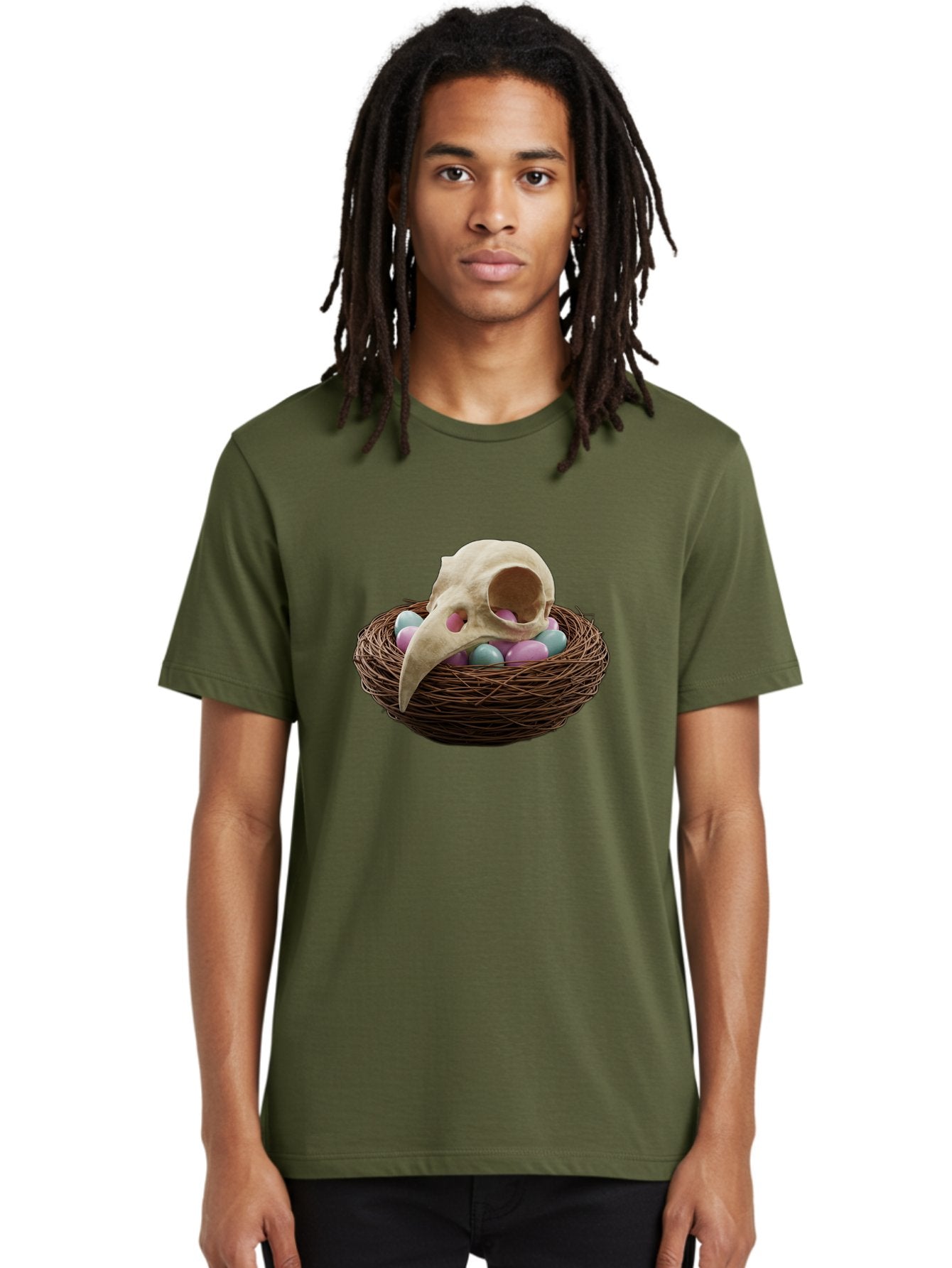 Crow-Skull-In-Nest Men'S Graphic Tee, 100% Cotton, Comfortable Casual Summer Wear, Machine Washable, Bird Skull In Nest, Pastel Eggs, Nest With Eggs, Bird Nest, Unusual Art, Surrealism, Quirky Decor, Unique Design, Bird Skull Art, Baa419 28