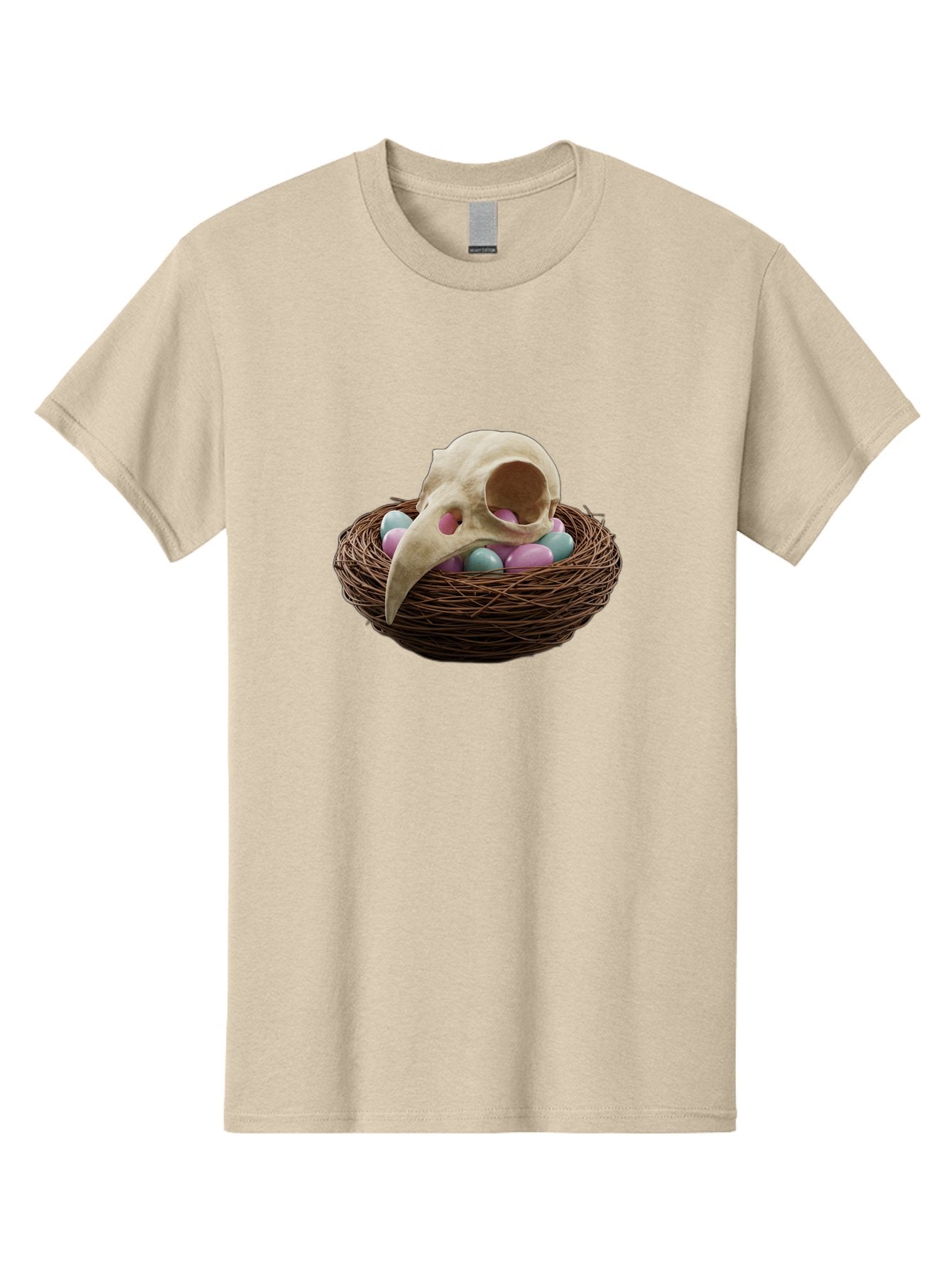 Crow-Skull-In-Nest Men'S Graphic Tee, 100% Cotton, Comfortable Casual Summer Wear, Machine Washable, Bird Skull In Nest, Pastel Eggs, Nest With Eggs, Bird Nest, Unusual Art, Surrealism, Quirky Decor, Unique Design, Bird Skull Art, Baa419