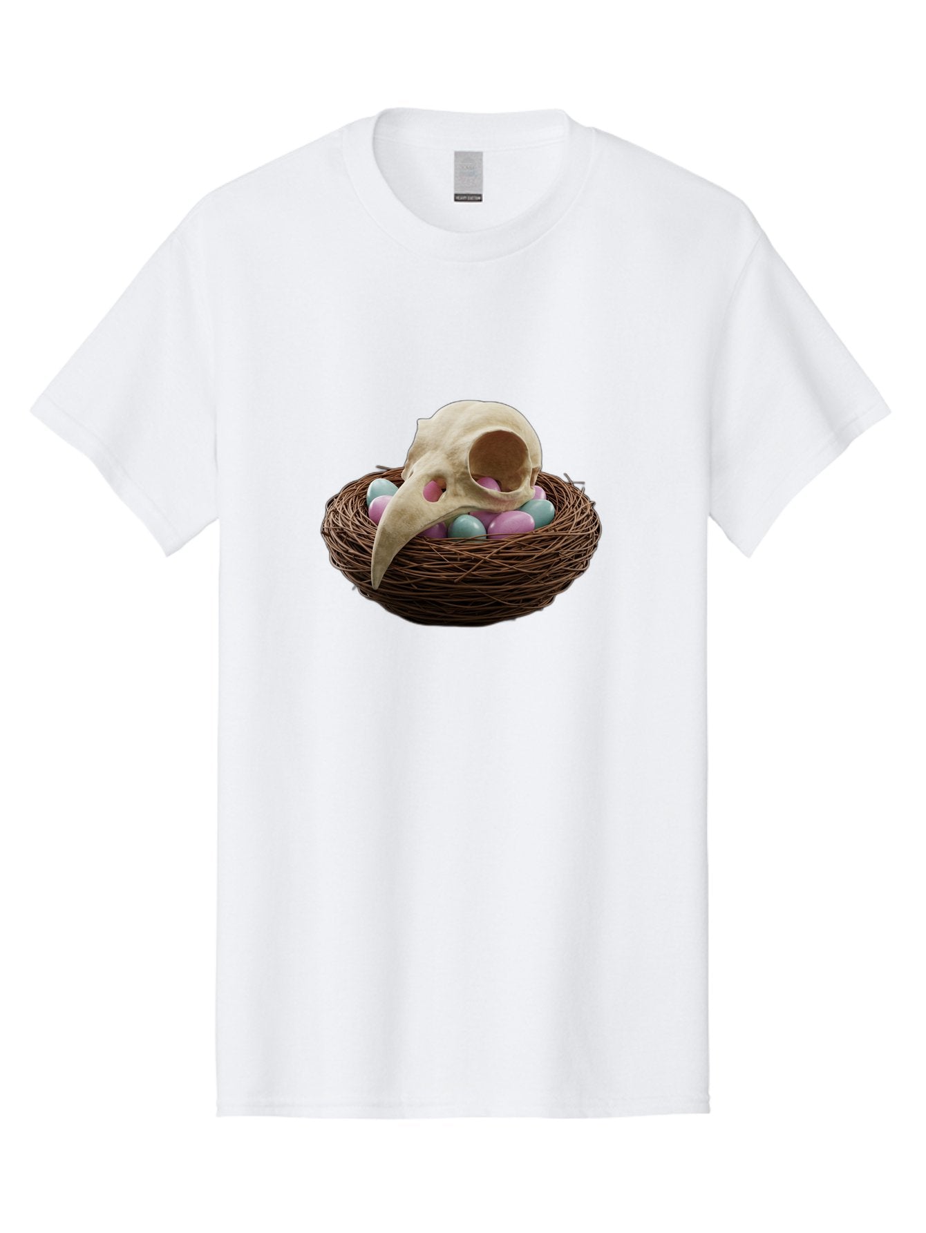 Crow-Skull-In-Nest Men'S Graphic Tee, 100% Cotton, Comfortable Casual Summer Wear, Machine Washable, Bird Skull In Nest, Pastel Eggs, Nest With Eggs, Bird Nest, Unusual Art, Surrealism, Quirky Decor, Unique Design, Bird Skull Art, Baa419 14