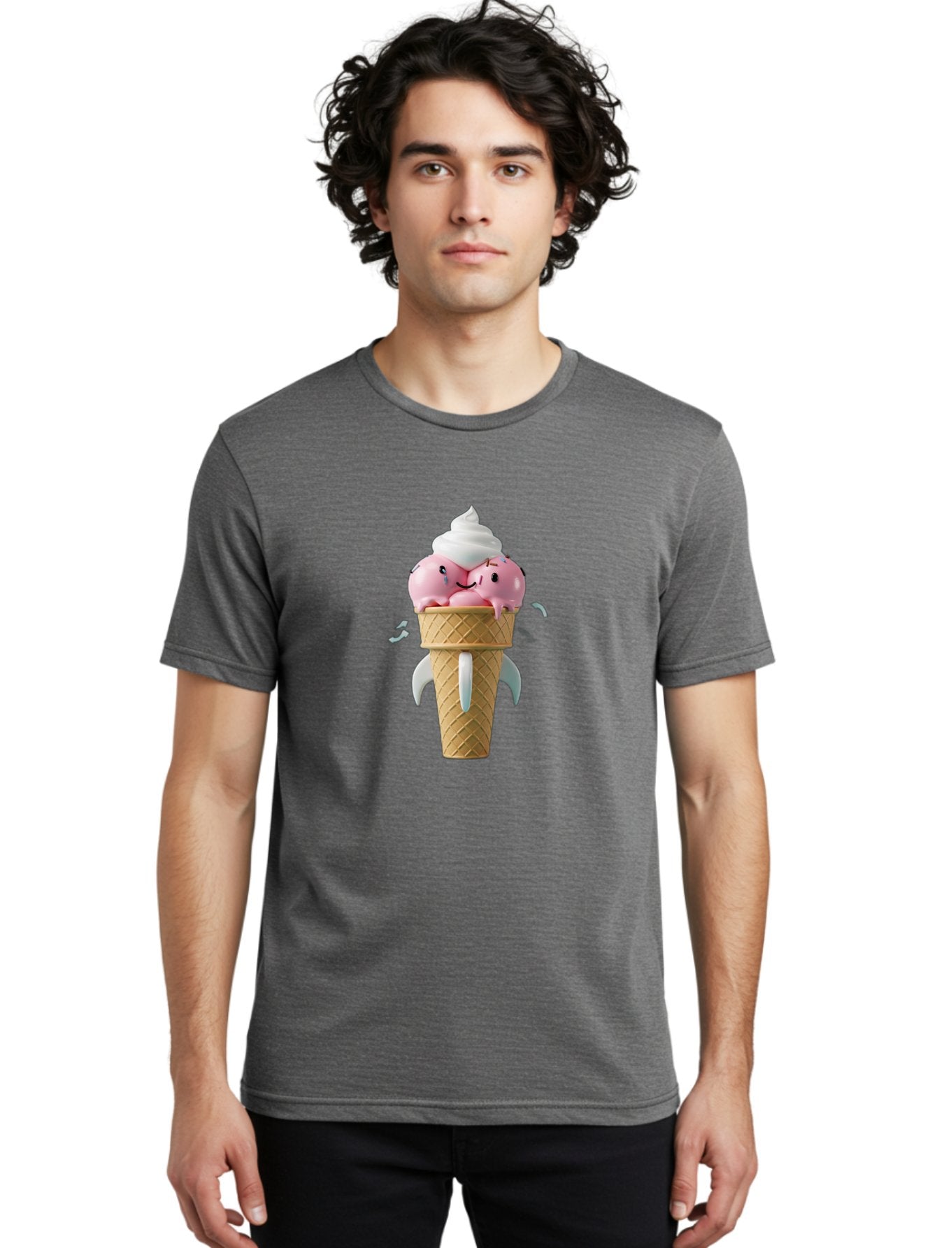 Crying-Ice-Cream Men'S Graphic Tee, 100% Cotton, Comfortable Casual Summer Wear, Machine Washable, Ice Cream Cone, Pink Ice Cream, Walrus Face, Cartoon Character, Fun Design, Sweet Treat, Whimsical Illustration, Playful Art, Ice Cream Lover, Baa422 25
