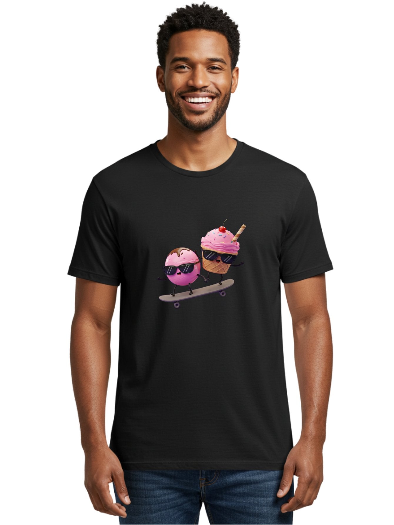Cupcake-And-Ice-Cream Men'S Graphic Tee, 100% Cotton, Comfortable Casual Summer Wear, Machine Washable, Funny Cartoon Characters, Ice Cream Cone, Cupcake, Skateboarding, Sunglasses, Colorful Treats, Sweet Delights, Playful, Whimsical Baa423 17
