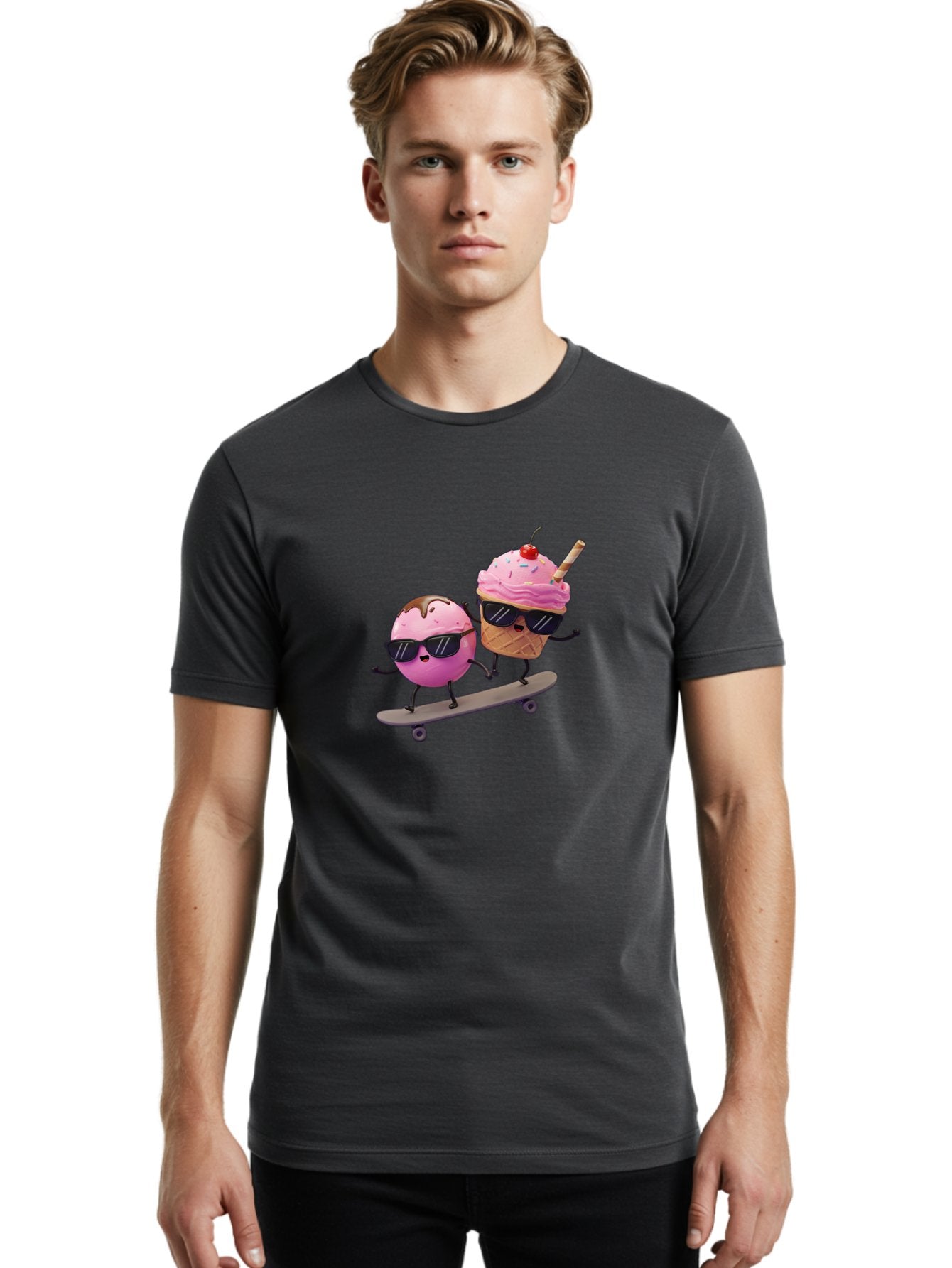 Cupcake-And-Ice-Cream Men'S Graphic Tee, 100% Cotton, Comfortable Casual Summer Wear, Machine Washable, Funny Cartoon Characters, Ice Cream Cone, Cupcake, Skateboarding, Sunglasses, Colorful Treats, Sweet Delights, Playful, Whimsical Baa423 22