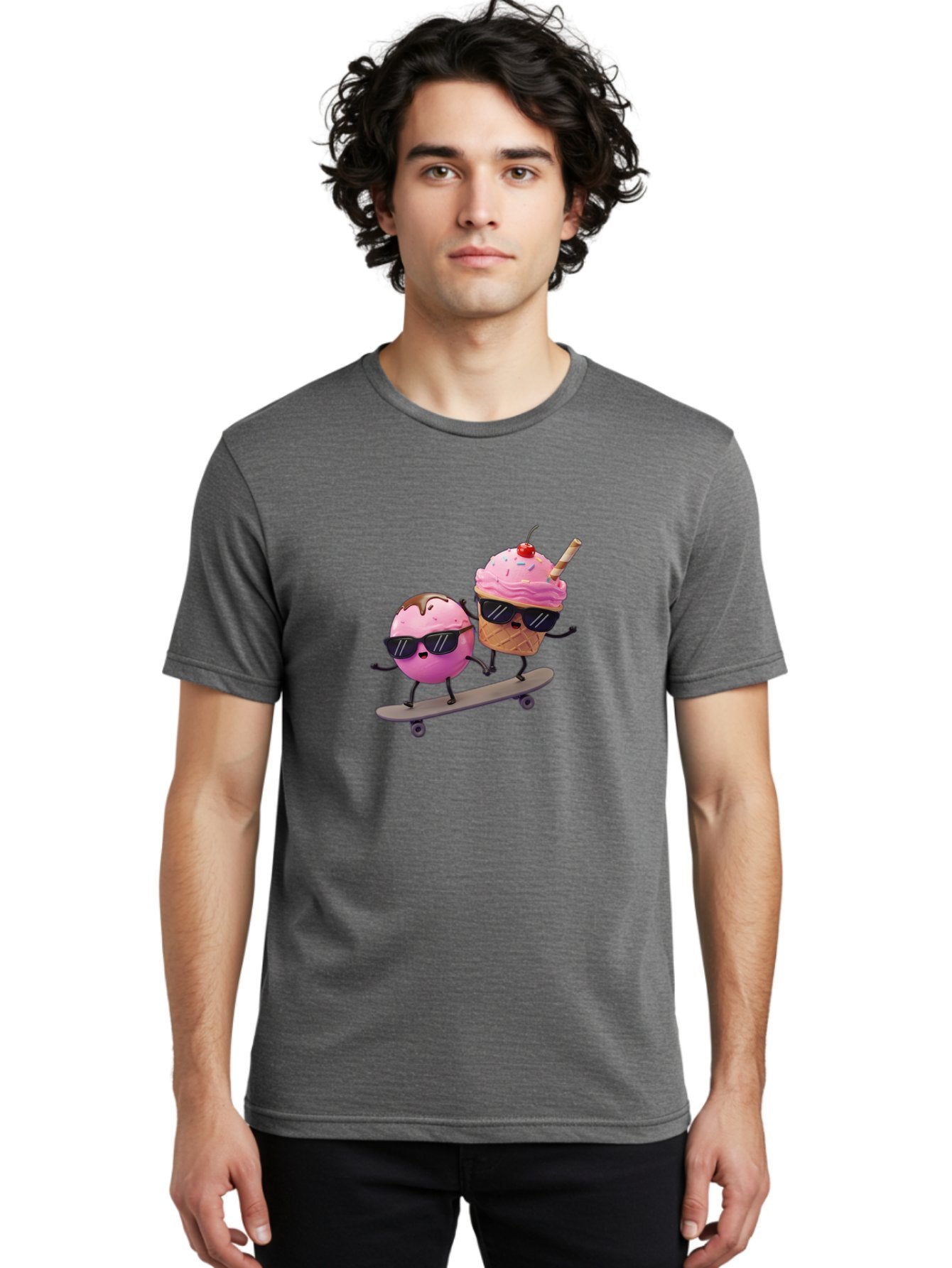 Cupcake-And-Ice-Cream Men'S Graphic Tee, 100% Cotton, Comfortable Casual Summer Wear, Machine Washable, Funny Cartoon Characters, Ice Cream Cone, Cupcake, Skateboarding, Sunglasses, Colorful Treats, Sweet Delights, Playful, Whimsical Baa423 18