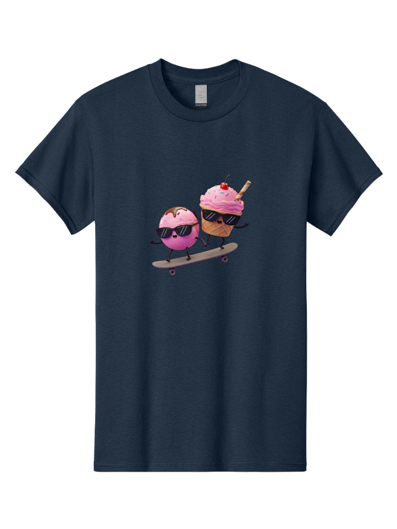 Cupcake-And-Ice-Cream Men'S Graphic Tee, 100% Cotton, Comfortable Casual Summer Wear, Machine Washable, Funny Cartoon Characters, Ice Cream Cone, Cupcake, Skateboarding, Sunglasses, Colorful Treats, Sweet Delights, Playful, Whimsical Baa423