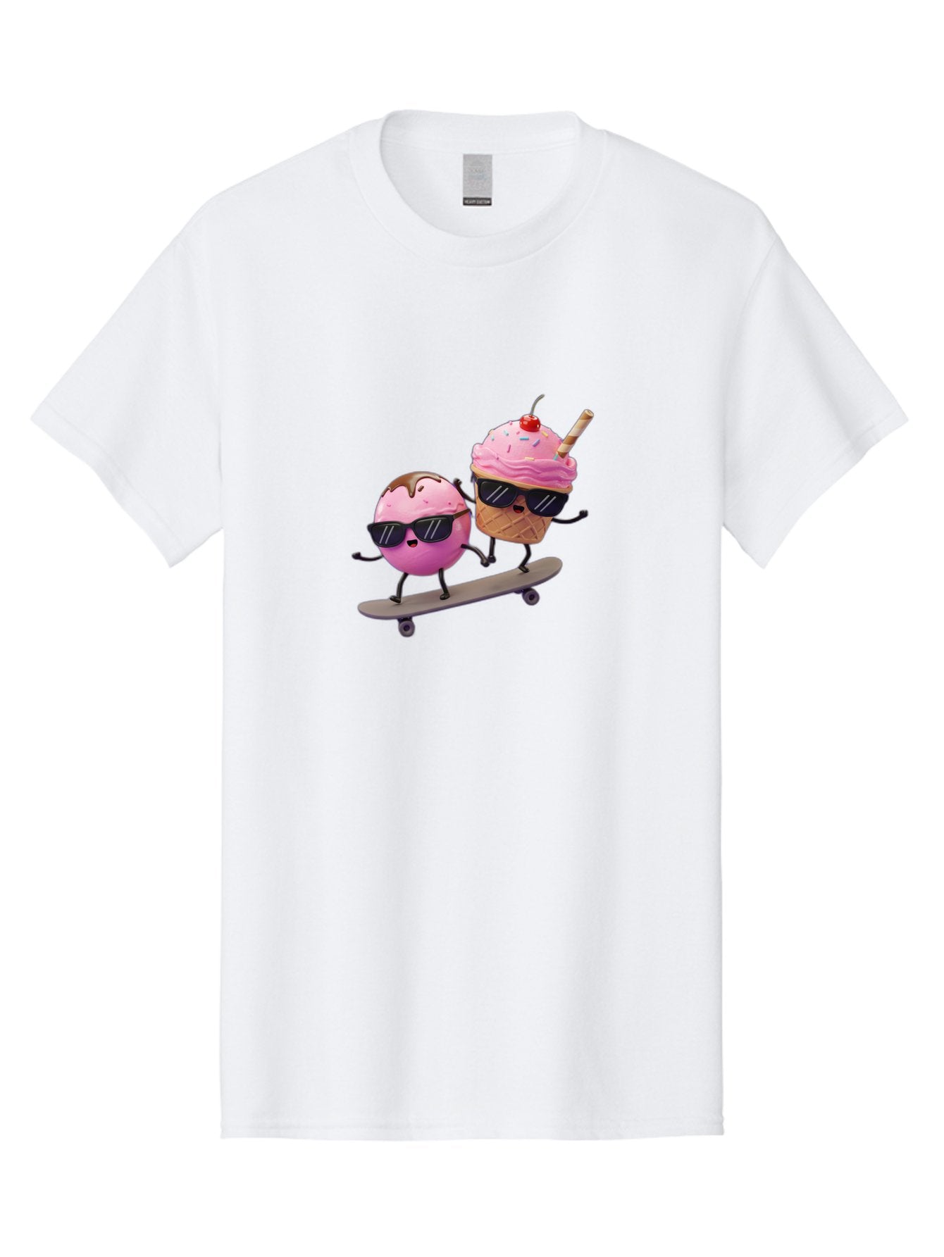 Cupcake-And-Ice-Cream Men'S Graphic Tee, 100% Cotton, Comfortable Casual Summer Wear, Machine Washable, Funny Cartoon Characters, Ice Cream Cone, Cupcake, Skateboarding, Sunglasses, Colorful Treats, Sweet Delights, Playful, Whimsical Baa423