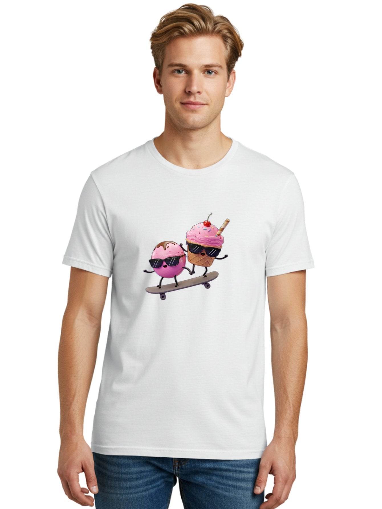 Cupcake-And-Ice-Cream Men'S Graphic Tee, 100% Cotton, Comfortable Casual Summer Wear, Machine Washable, Funny Cartoon Characters, Ice Cream Cone, Cupcake, Skateboarding, Sunglasses, Colorful Treats, Sweet Delights, Playful, Whimsical Baa423 21