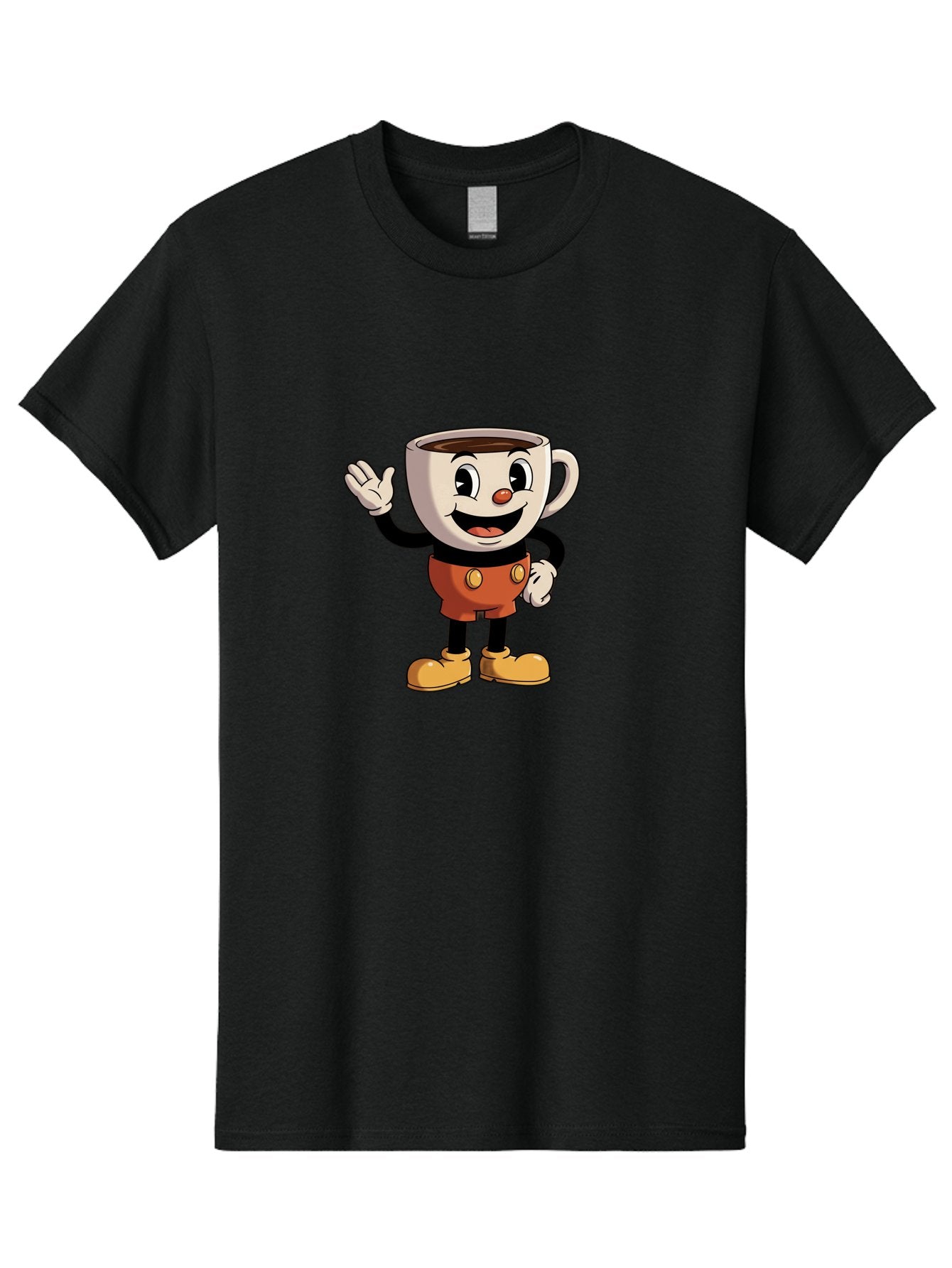 Cuphead Men'S Graphic Tee, 100% Cotton, Comfortable Casual Summer Wear, Machine Washable, Cartoon Character, Coffee Cup, Anthropomorphic Design, Smiling Face, Waving Hand, Orange Overalls, Yellow Buttons, Black Sleeves, White Gloves, Baa425 6