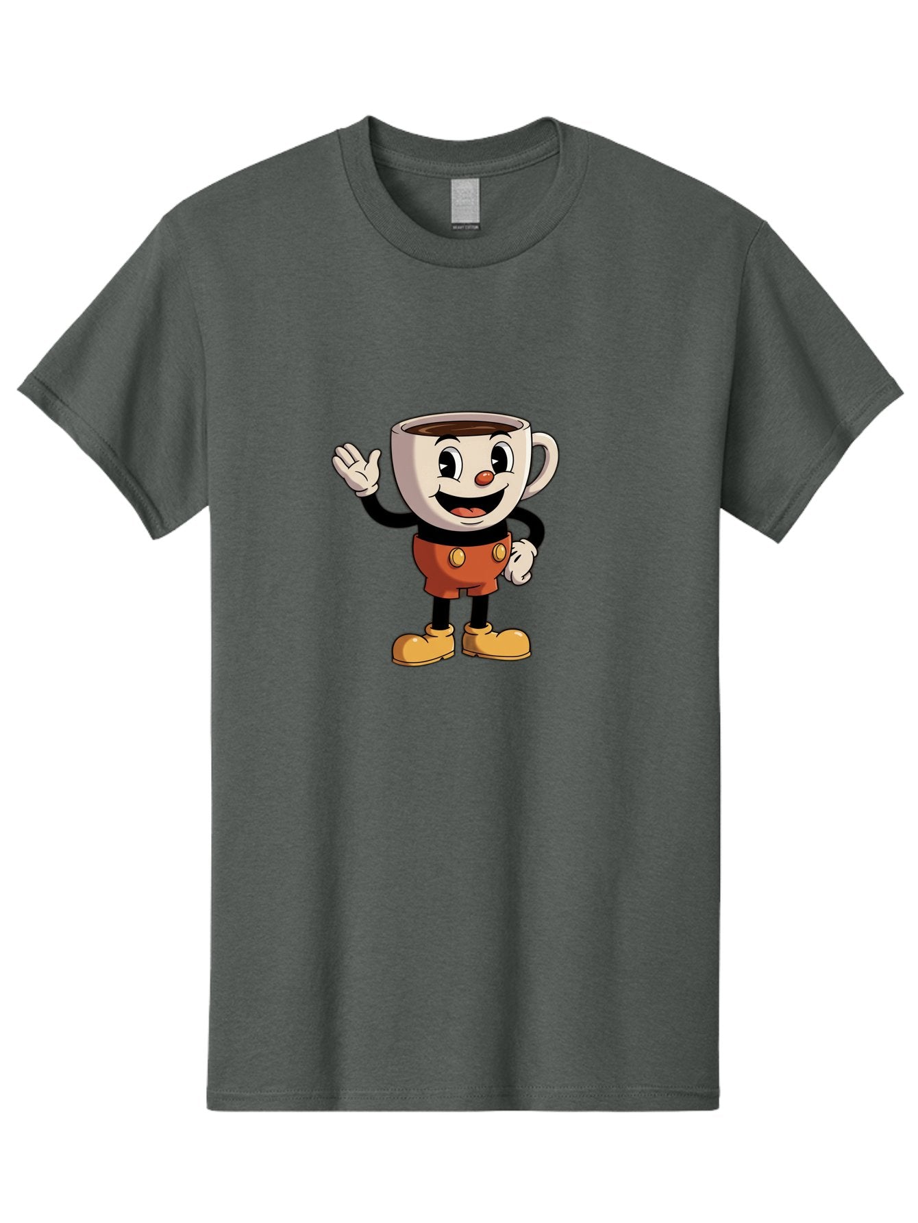 Cuphead Men'S Graphic Tee, 100% Cotton, Comfortable Casual Summer Wear, Machine Washable, Cartoon Character, Coffee Cup, Anthropomorphic Design, Smiling Face, Waving Hand, Orange Overalls, Yellow Buttons, Black Sleeves, White Gloves, Baa425