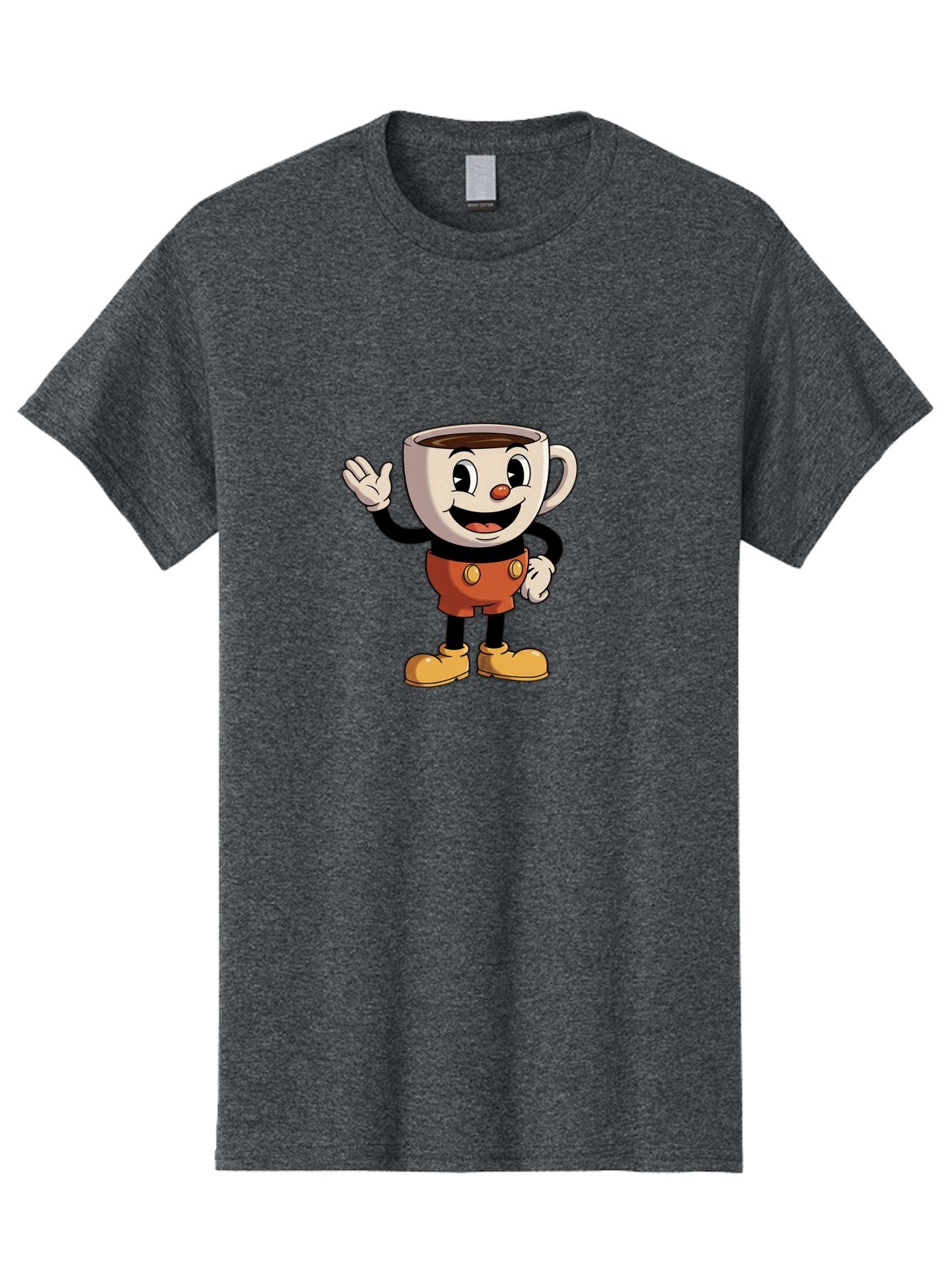 Cuphead Men'S Graphic Tee, 100% Cotton, Comfortable Casual Summer Wear, Machine Washable, Cartoon Character, Coffee Cup, Anthropomorphic Design, Smiling Face, Waving Hand, Orange Overalls, Yellow Buttons, Black Sleeves, White Gloves, Baa425 14
