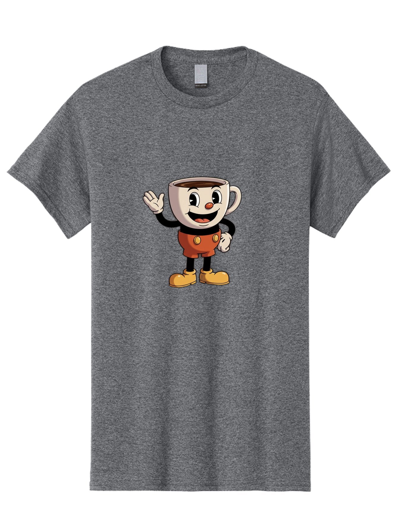 Cuphead Men'S Graphic Tee, 100% Cotton, Comfortable Casual Summer Wear, Machine Washable, Cartoon Character, Coffee Cup, Anthropomorphic Design, Smiling Face, Waving Hand, Orange Overalls, Yellow Buttons, Black Sleeves, White Gloves, Baa425 9
