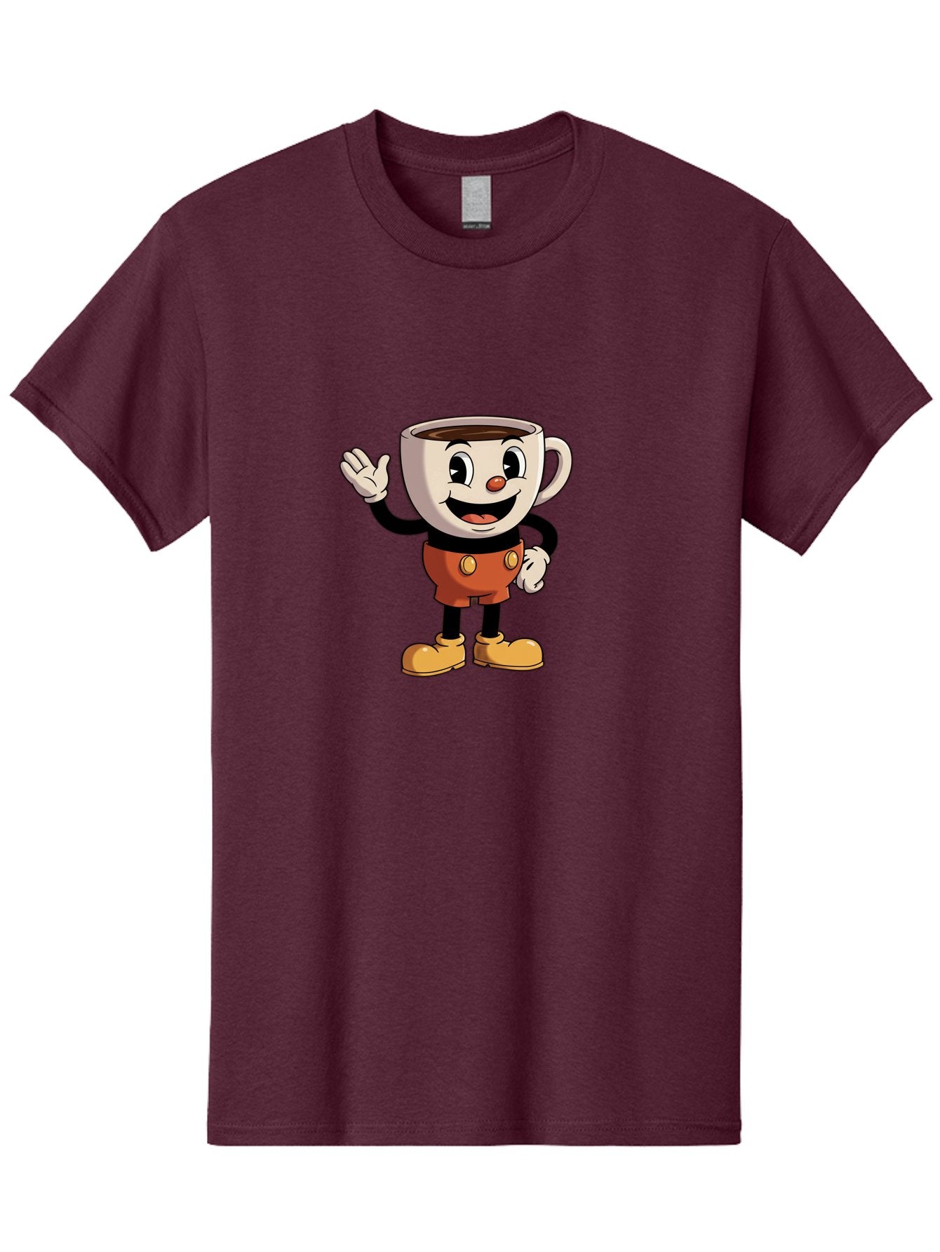 Cuphead Men'S Graphic Tee, 100% Cotton, Comfortable Casual Summer Wear, Machine Washable, Cartoon Character, Coffee Cup, Anthropomorphic Design, Smiling Face, Waving Hand, Orange Overalls, Yellow Buttons, Black Sleeves, White Gloves, Baa425 3
