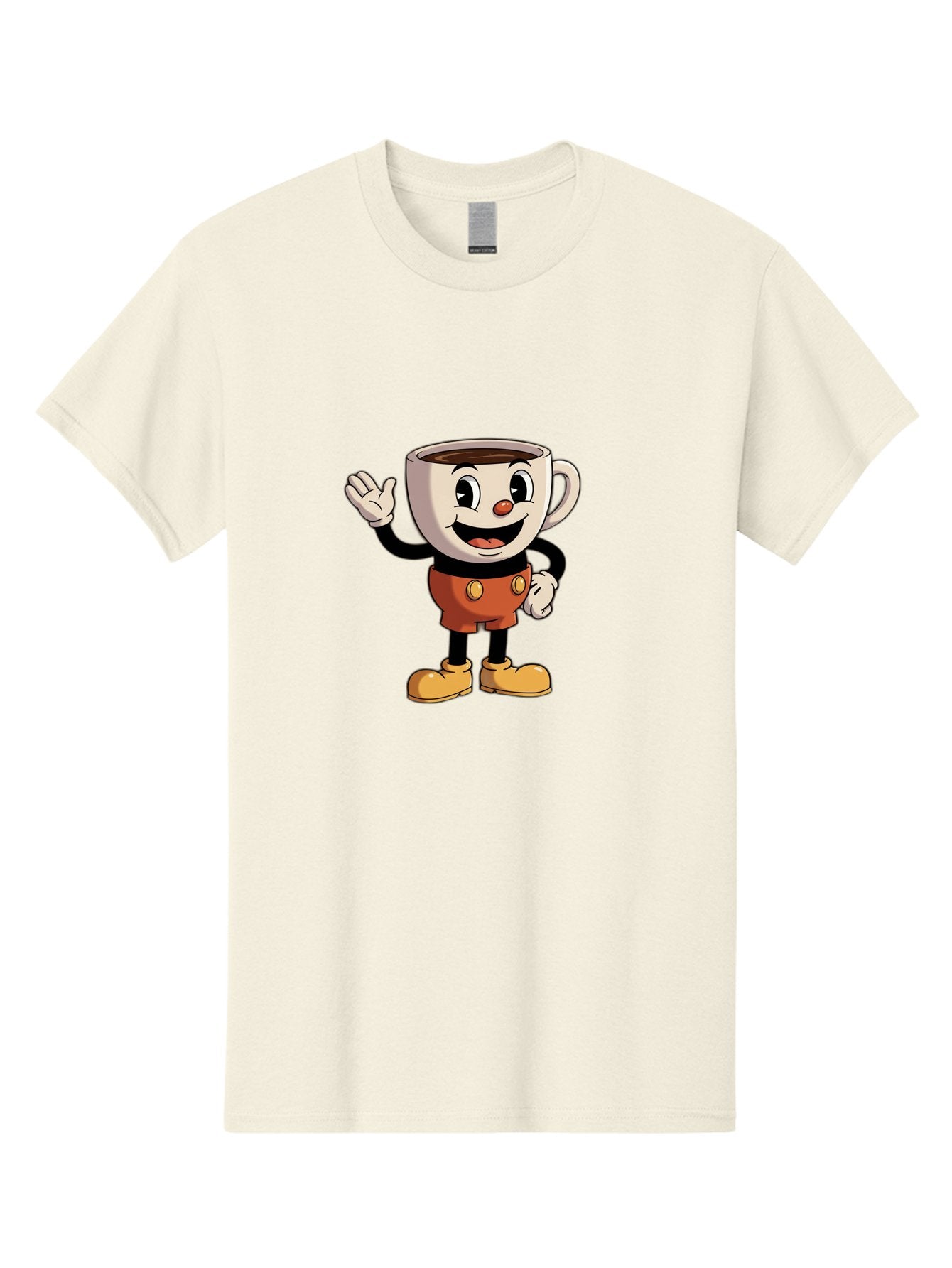 Cuphead Men'S Graphic Tee, 100% Cotton, Comfortable Casual Summer Wear, Machine Washable, Cartoon Character, Coffee Cup, Anthropomorphic Design, Smiling Face, Waving Hand, Orange Overalls, Yellow Buttons, Black Sleeves, White Gloves, Baa425 11