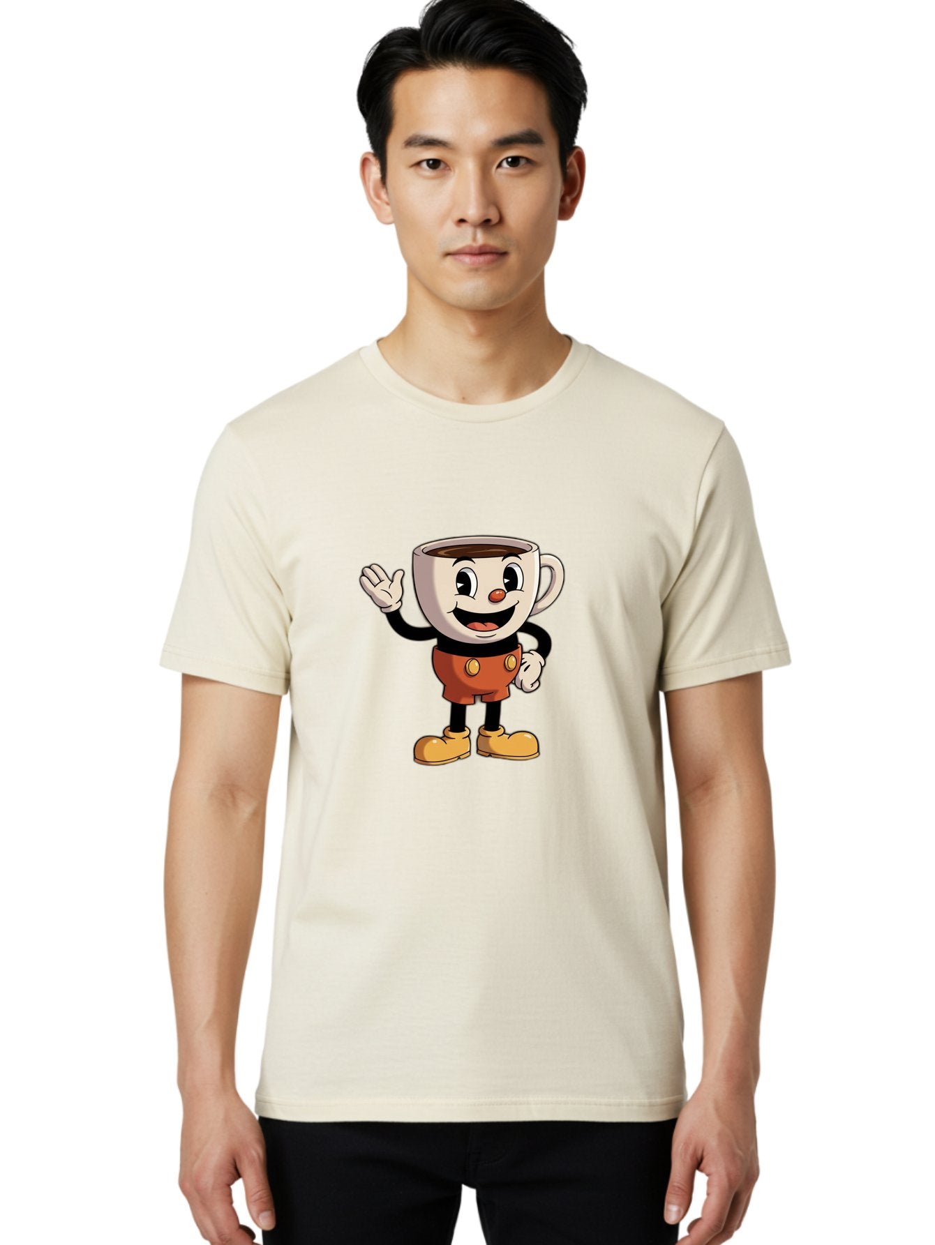 Cuphead Men'S Graphic Tee, 100% Cotton, Comfortable Casual Summer Wear, Machine Washable, Cartoon Character, Coffee Cup, Anthropomorphic Design, Smiling Face, Waving Hand, Orange Overalls, Yellow Buttons, Black Sleeves, White Gloves, Baa425 27