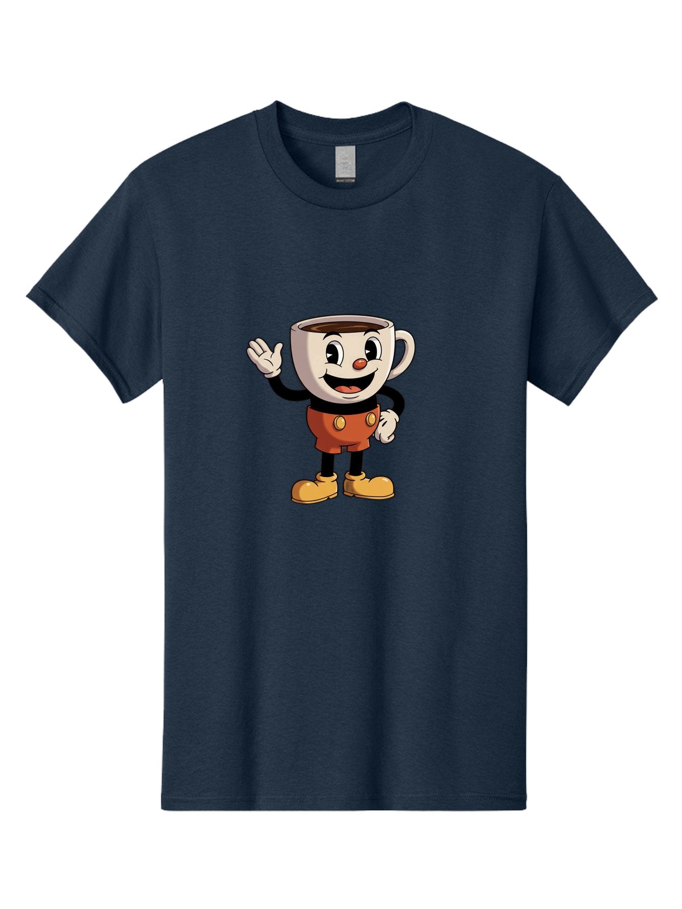 Cuphead Men'S Graphic Tee, 100% Cotton, Comfortable Casual Summer Wear, Machine Washable, Cartoon Character, Coffee Cup, Anthropomorphic Design, Smiling Face, Waving Hand, Orange Overalls, Yellow Buttons, Black Sleeves, White Gloves, Baa425