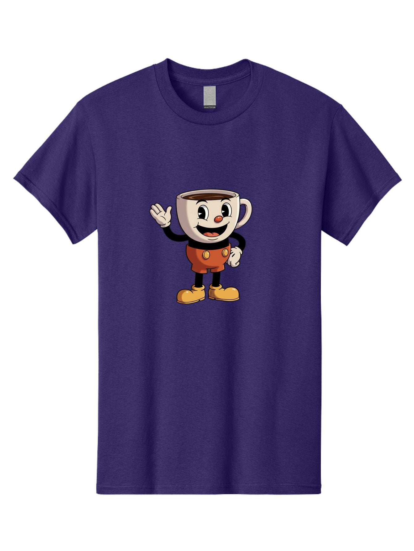 Cuphead Men'S Graphic Tee, 100% Cotton, Comfortable Casual Summer Wear, Machine Washable, Cartoon Character, Coffee Cup, Anthropomorphic Design, Smiling Face, Waving Hand, Orange Overalls, Yellow Buttons, Black Sleeves, White Gloves, Baa425 15