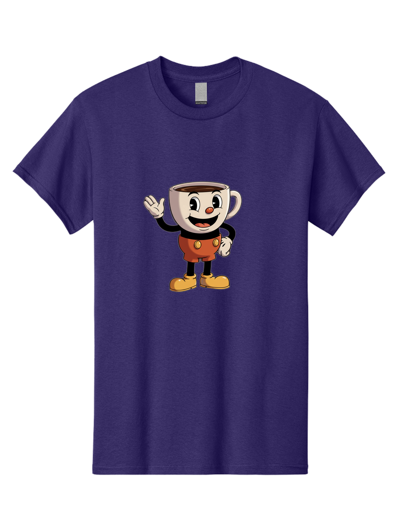 Cuphead Men'S Graphic Tee, 100% Cotton, Comfortable Casual Summer Wear, Machine Washable, Cartoon Character, Coffee Cup, Anthropomorphic Design, Smiling Face, Waving Hand, Orange Overalls, Yellow Buttons, Black Sleeves, White Gloves, Baa425