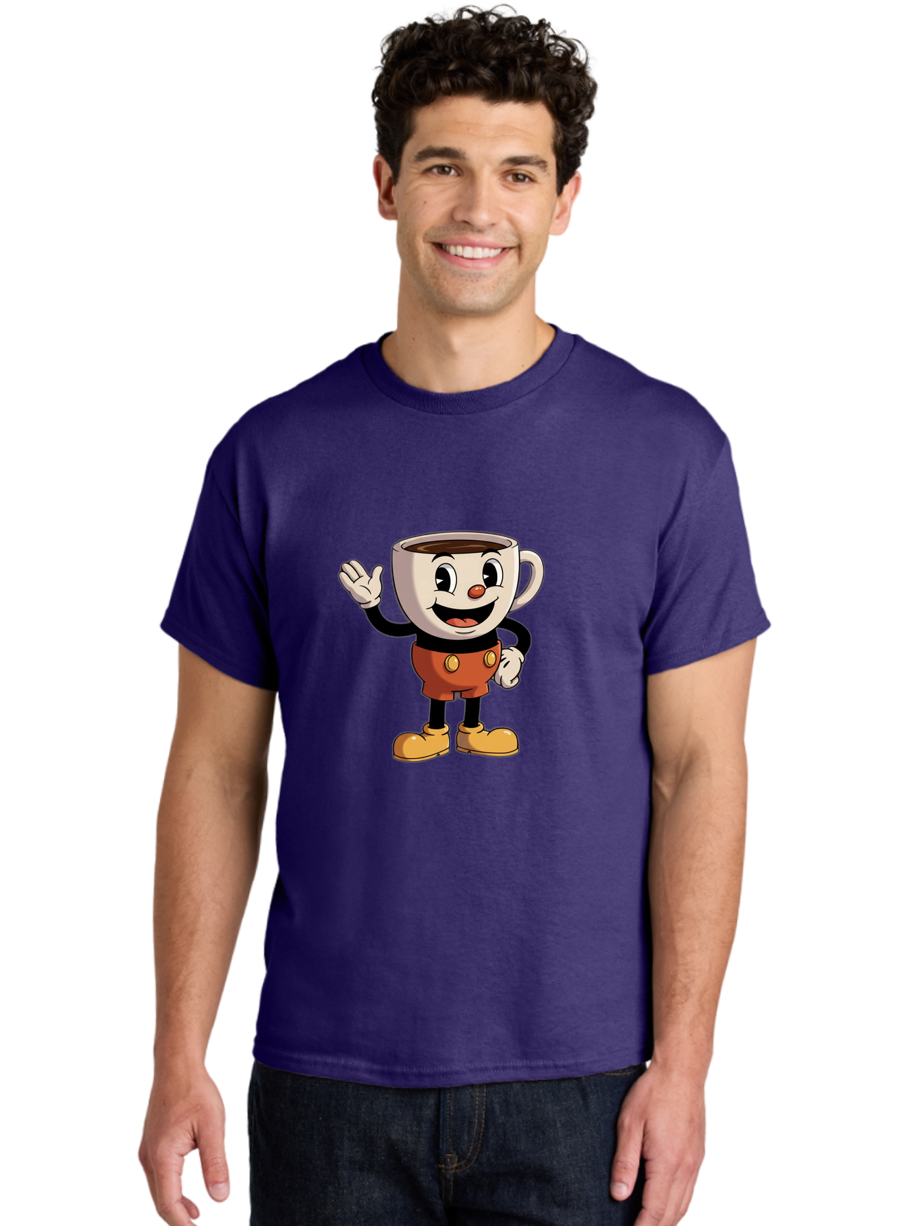 Cuphead Men'S Graphic Tee, 100% Cotton, Comfortable Casual Summer Wear, Machine Washable, Cartoon Character, Coffee Cup, Anthropomorphic Design, Smiling Face, Waving Hand, Orange Overalls, Yellow Buttons, Black Sleeves, White Gloves, Baa425