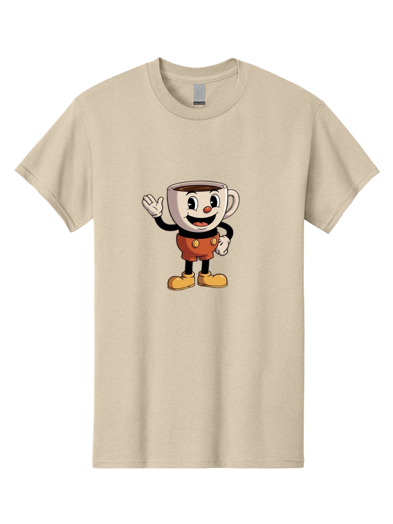 Cuphead Men'S Graphic Tee, 100% Cotton, Comfortable Casual Summer Wear, Machine Washable, Cartoon Character, Coffee Cup, Anthropomorphic Design, Smiling Face, Waving Hand, Orange Overalls, Yellow Buttons, Black Sleeves, White Gloves, Baa425 4