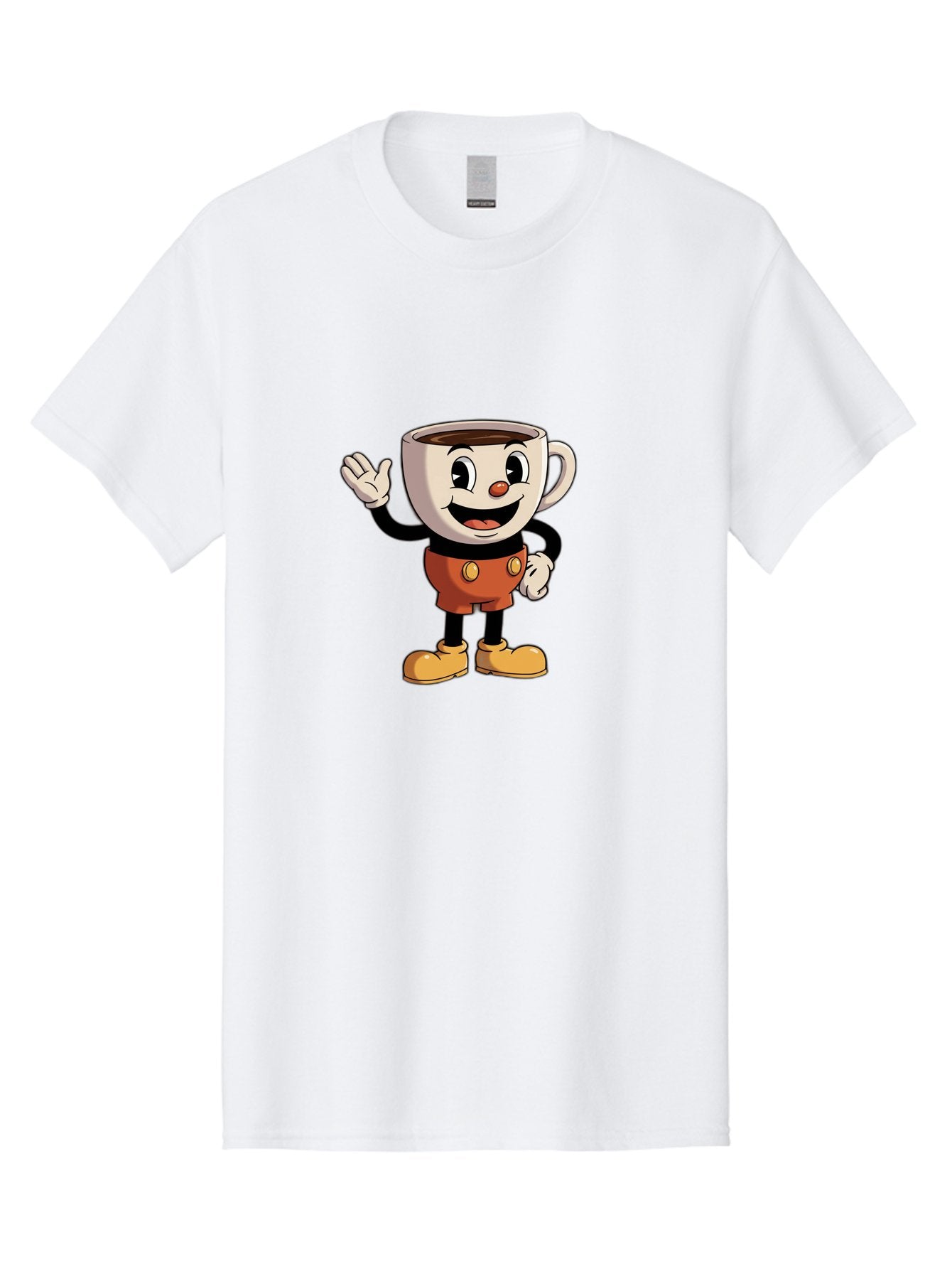 Cuphead Men'S Graphic Tee, 100% Cotton, Comfortable Casual Summer Wear, Machine Washable, Cartoon Character, Coffee Cup, Anthropomorphic Design, Smiling Face, Waving Hand, Orange Overalls, Yellow Buttons, Black Sleeves, White Gloves, Baa425 7