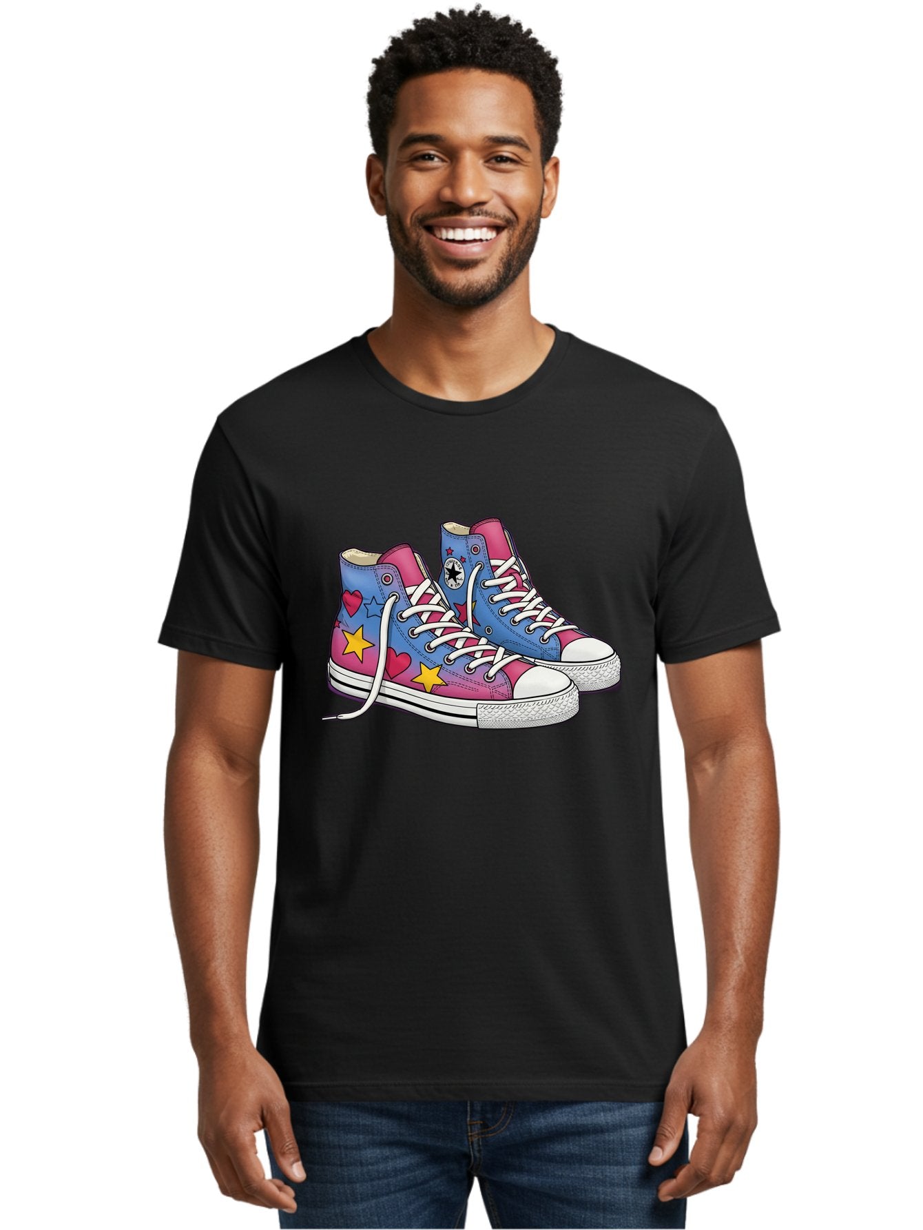 Custom-Converse Men'S Graphic Tee, 100% Cotton, Comfortable Casual Summer Wear, Machine Washable, Converse Shoes, High-Top Sneakers, Star And Heart Designs, Colorful Shoes, White Laces, Cartoon Style, Fashion Footwear, Custom Converse Baa429 27