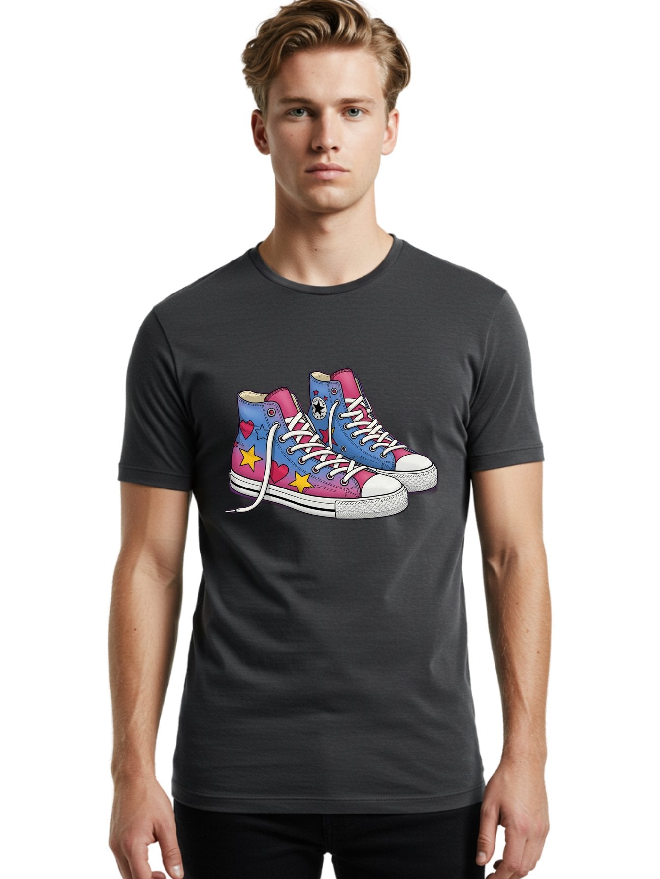 Custom-Converse Men'S Graphic Tee, 100% Cotton, Comfortable Casual Summer Wear, Machine Washable, Converse Shoes, High-Top Sneakers, Star And Heart Designs, Colorful Shoes, White Laces, Cartoon Style, Fashion Footwear, Custom Converse Baa429 30