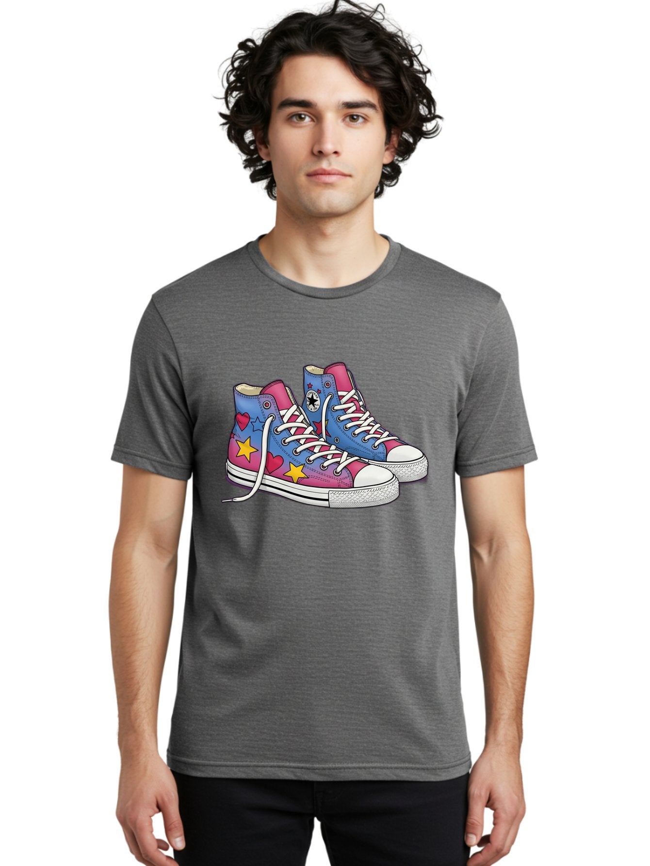 Custom-Converse Men'S Graphic Tee, 100% Cotton, Comfortable Casual Summer Wear, Machine Washable, Converse Shoes, High-Top Sneakers, Star And Heart Designs, Colorful Shoes, White Laces, Cartoon Style, Fashion Footwear, Custom Converse Baa429 26