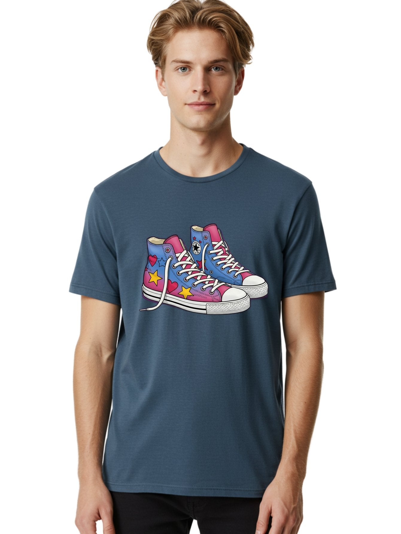 Custom-Converse Men'S Graphic Tee, 100% Cotton, Comfortable Casual Summer Wear, Machine Washable, Converse Shoes, High-Top Sneakers, Star And Heart Designs, Colorful Shoes, White Laces, Cartoon Style, Fashion Footwear, Custom Converse Baa429 20