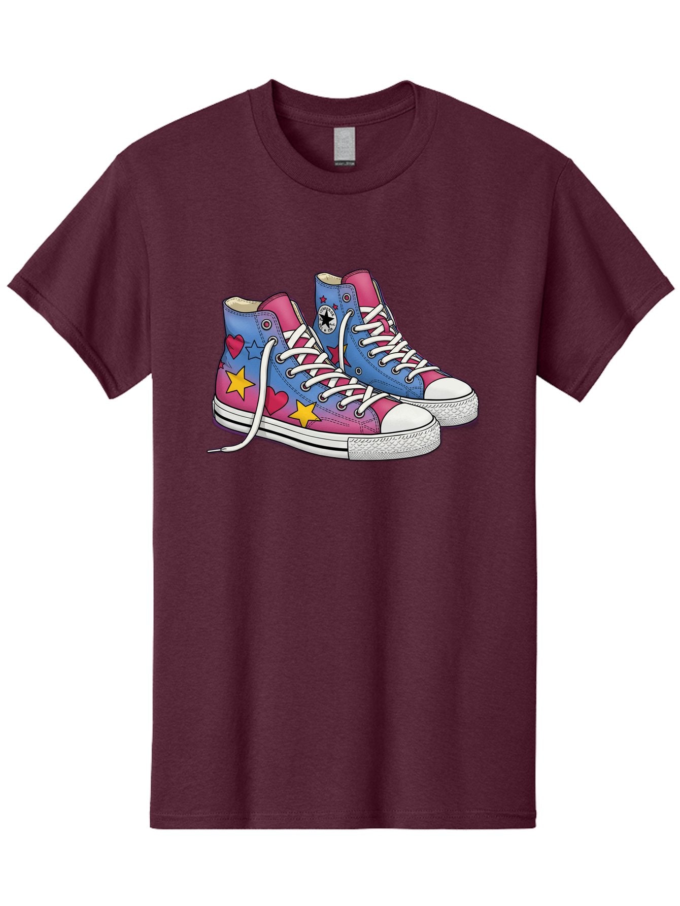 Custom-Converse Men'S Graphic Tee, 100% Cotton, Comfortable Casual Summer Wear, Machine Washable, Converse Shoes, High-Top Sneakers, Star And Heart Designs, Colorful Shoes, White Laces, Cartoon Style, Fashion Footwear, Custom Converse Baa429
