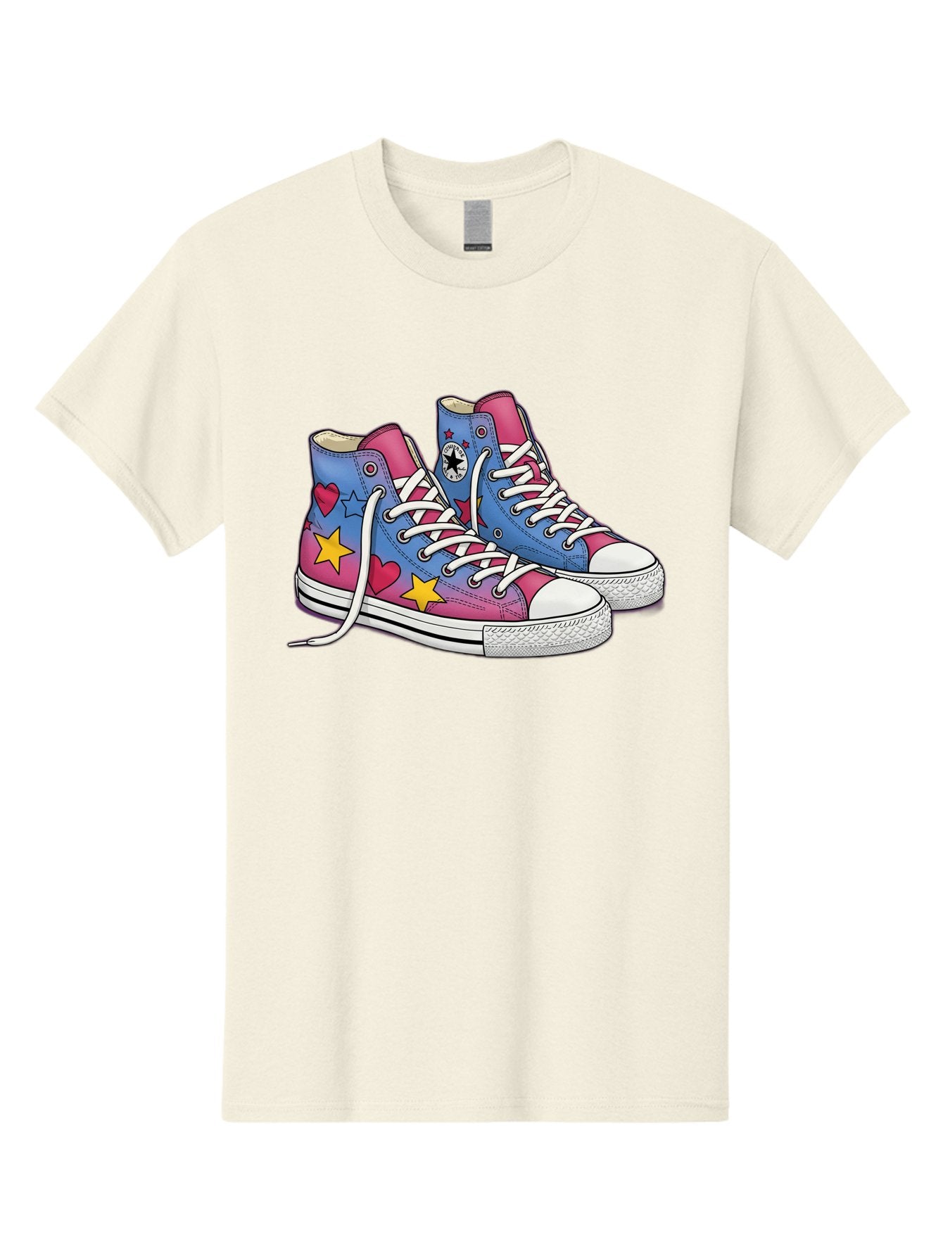 Custom-Converse Men'S Graphic Tee, 100% Cotton, Comfortable Casual Summer Wear, Machine Washable, Converse Shoes, High-Top Sneakers, Star And Heart Designs, Colorful Shoes, White Laces, Cartoon Style, Fashion Footwear, Custom Converse Baa429