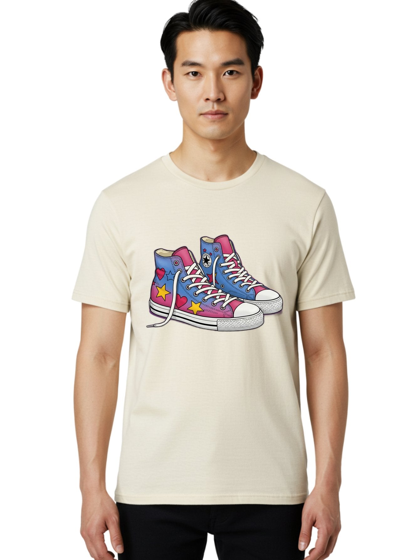 Custom-Converse Men'S Graphic Tee, 100% Cotton, Comfortable Casual Summer Wear, Machine Washable, Converse Shoes, High-Top Sneakers, Star And Heart Designs, Colorful Shoes, White Laces, Cartoon Style, Fashion Footwear, Custom Converse Baa429 21
