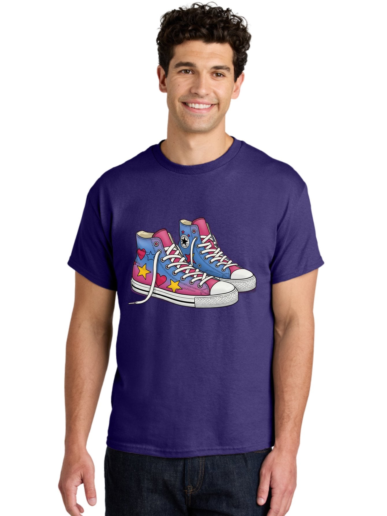 Custom-Converse Men'S Graphic Tee, 100% Cotton, Comfortable Casual Summer Wear, Machine Washable, Converse Shoes, High-Top Sneakers, Star And Heart Designs, Colorful Shoes, White Laces, Cartoon Style, Fashion Footwear, Custom Converse Baa429 17