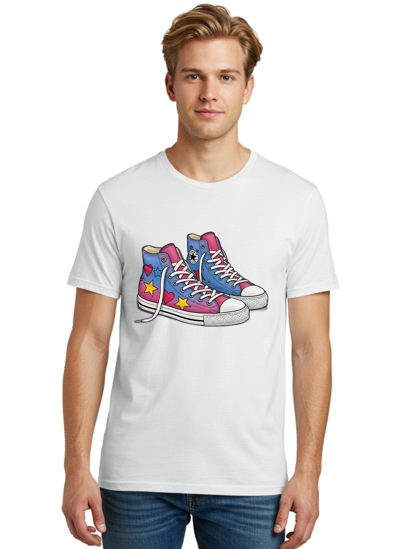 Custom-Converse Men'S Graphic Tee, 100% Cotton, Comfortable Casual Summer Wear, Machine Washable, Converse Shoes, High-Top Sneakers, Star And Heart Designs, Colorful Shoes, White Laces, Cartoon Style, Fashion Footwear, Custom Converse Baa429 23