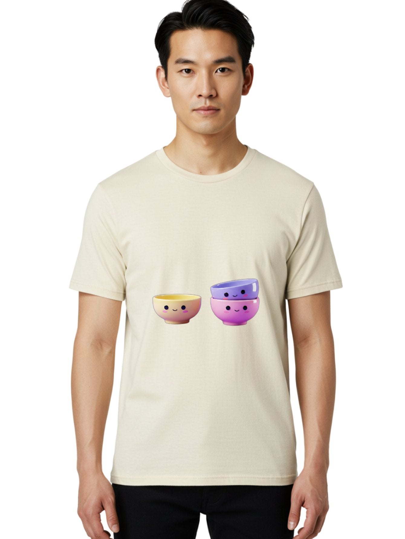 Cute-Bowls-1 Men'S Graphic Tee, 100% Cotton, Comfortable Casual Summer Wear, Machine Washable, Smiling Bowls, Colorful Bowls, Happy Kitchenware, Pastel Colors, Cute Tableware, Cartoon Bowls, Kitchen Decor, Adorable Ceramics, Playful Dishes, Baa430 30