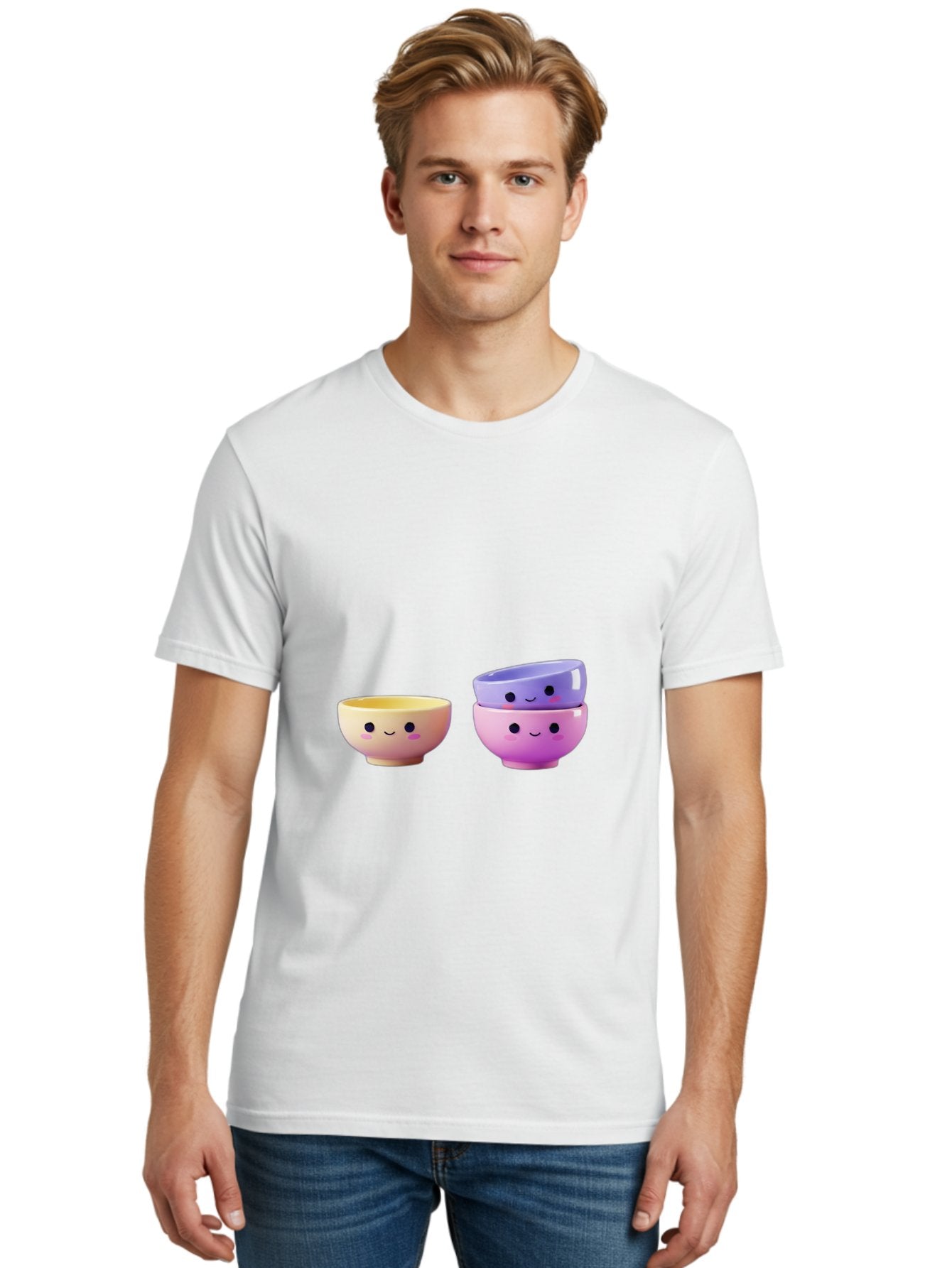 Cute-Bowls-1 Men'S Graphic Tee, 100% Cotton, Comfortable Casual Summer Wear, Machine Washable, Smiling Bowls, Colorful Bowls, Happy Kitchenware, Pastel Colors, Cute Tableware, Cartoon Bowls, Kitchen Decor, Adorable Ceramics, Playful Dishes, Baa430 19