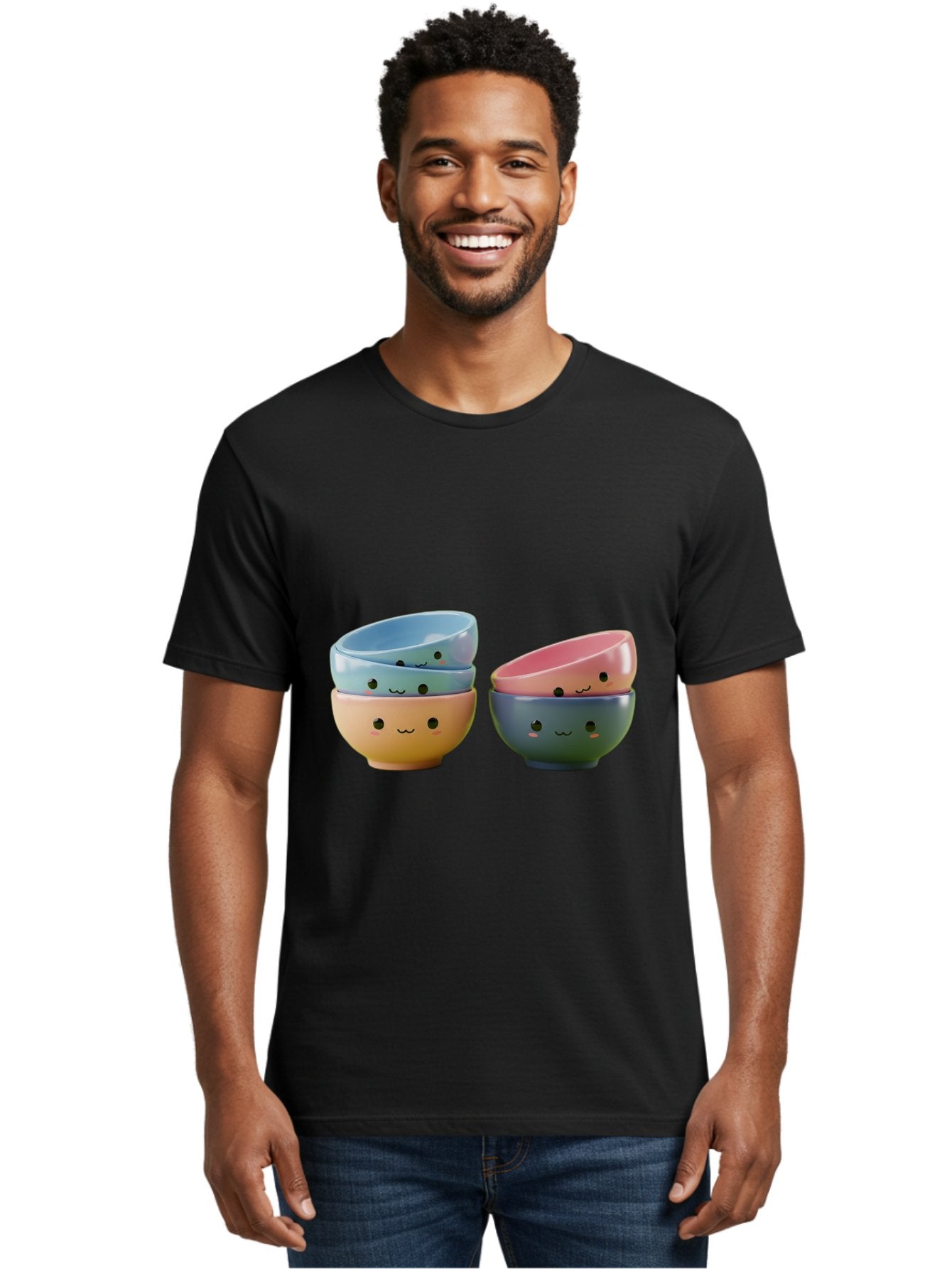 Cute-Bowls-2 Men'S Graphic Tee, 100% Cotton, Comfortable Casual Summer Wear, Machine Washable, Stacked Bowls, Ceramic Bowls, Cute Kitchenware, Adorable Faces, Colorful Tableware, Smiling Bowls, Pastel Colors, Kawaii Kitchen, Decorative Bowls, Baa431 26