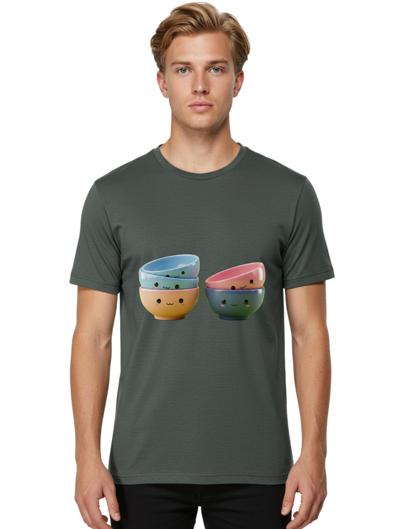 Cute-Bowls-2 Men'S Graphic Tee, 100% Cotton, Comfortable Casual Summer Wear, Machine Washable, Stacked Bowls, Ceramic Bowls, Cute Kitchenware, Adorable Faces, Colorful Tableware, Smiling Bowls, Pastel Colors, Kawaii Kitchen, Decorative Bowls, Baa431 28