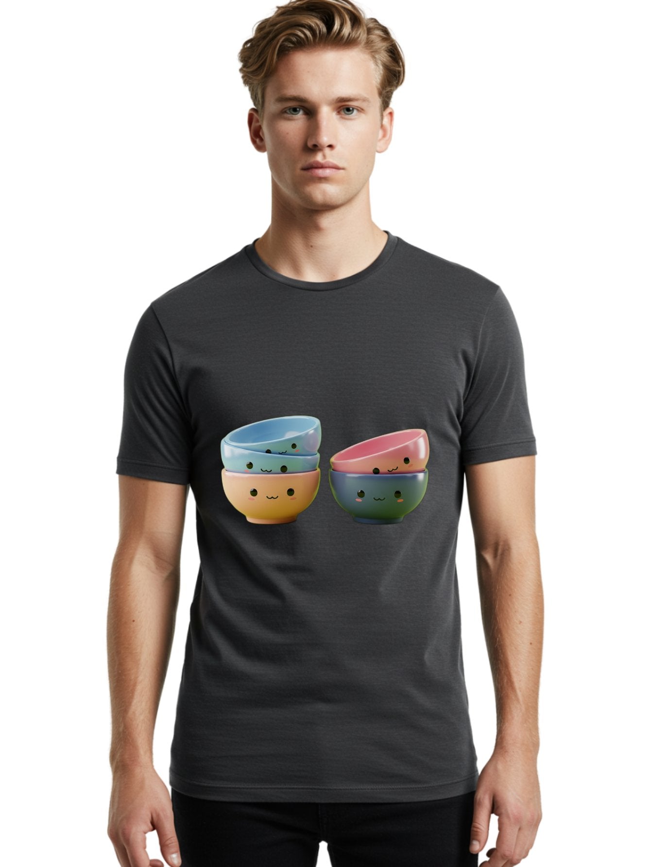 Cute-Bowls-2 Men'S Graphic Tee, 100% Cotton, Comfortable Casual Summer Wear, Machine Washable, Stacked Bowls, Ceramic Bowls, Cute Kitchenware, Adorable Faces, Colorful Tableware, Smiling Bowls, Pastel Colors, Kawaii Kitchen, Decorative Bowls, Baa431 16